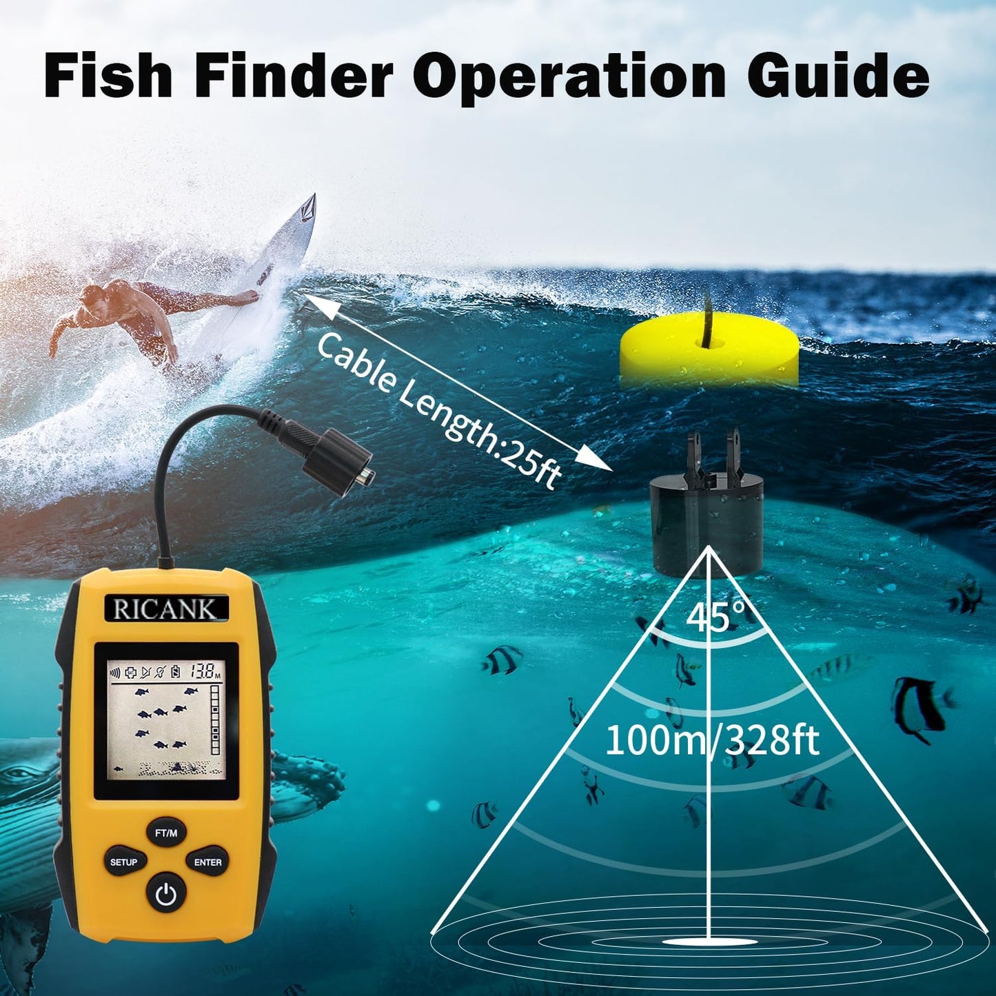 RICANK Portable Fish Finder, Handheld Fish Depth Finder Contour Readout Fishfinder Ice Kayak Shore Boat Fishing Fish Detector Device with Sonar Sensor Transducer and LCD Display Gear Fish Depth Finder