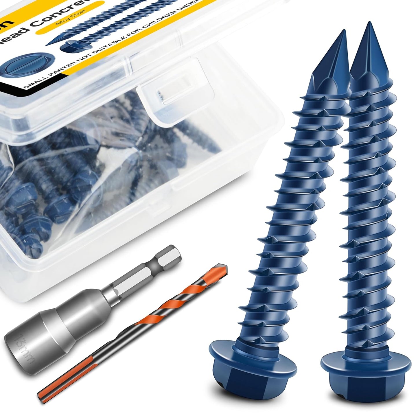 Mywish 30Pcs 1/4 x 1-3/4" Concrete Screws, Slotted Hex Washer Head Stucco Screws Anchor Kit with 3/16 Drill Bit, Masonry Screws Self Tapping for Anchoring to Masonry, Block or Brick Stucco