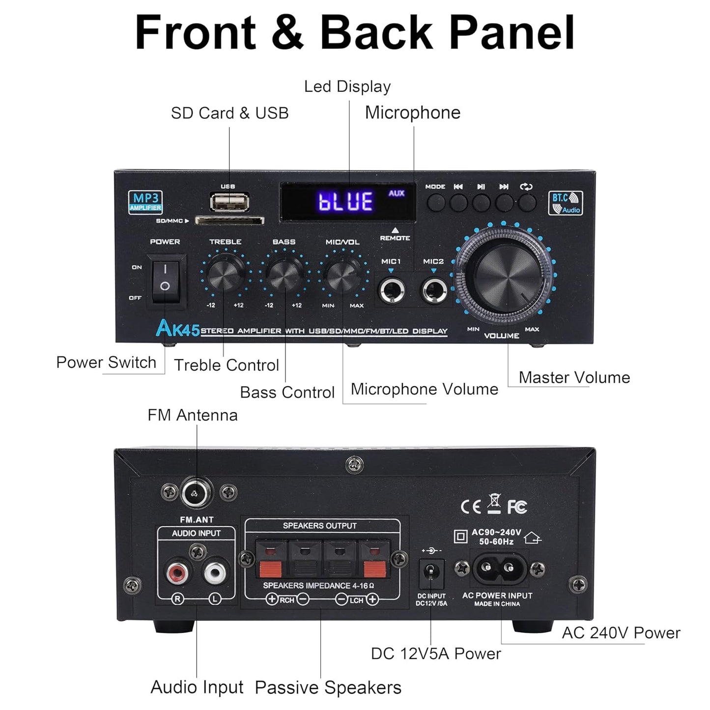 Stereo Receiver Amplifier Home Audio Amp, AK45 Bluetooth Receiver for Home Stereo, 300Wx2, Bluetooth 5.0, 2 Channel Amp with USB/SD/RCA/MIC/FM and Remote for Karaoke Party