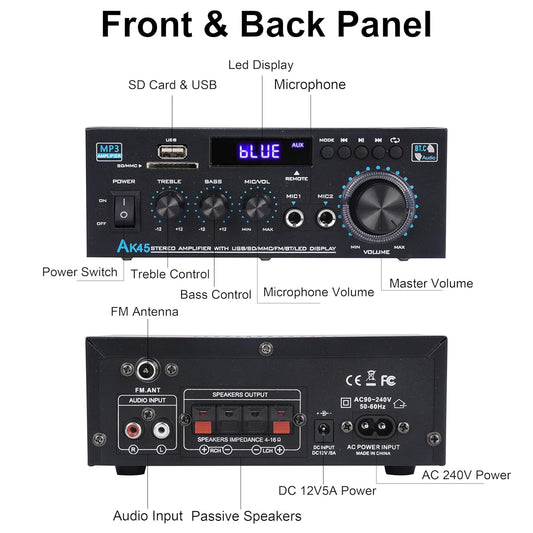 Stereo Receiver Amplifier Home Audio Amp, AK45 Bluetooth Receiver for Home Stereo, 300Wx2, Bluetooth 5.0, 2 Channel Amp with USB/SD/RCA/MIC/FM and Remote for Karaoke Party - PuriLite