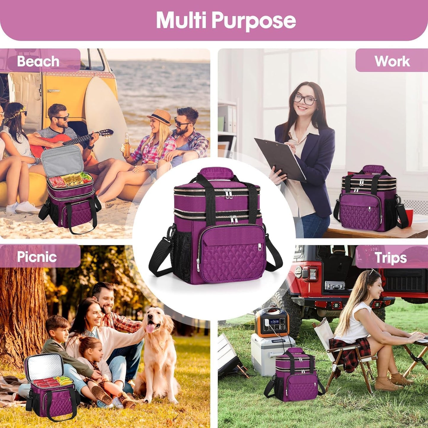 Expandable Large Lunch Bag, Double Deck Insulated Lunch Box Leakproof Durable Soft Cooler Bag for Men Women Adults Work Construction Beach Picnic Daytrip,16L,Black, GLENKEY