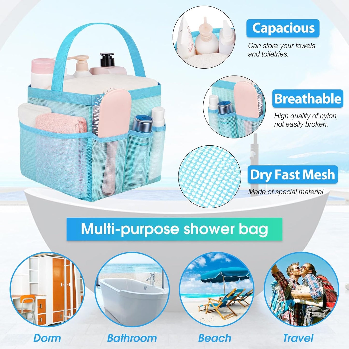Attmu Mesh Shower Caddy Portable for College Dorm Room Essentials with 8 Pockets, Hanging Shower Caddy Basket Tote Bag Toiletry Accessories for Bathroom