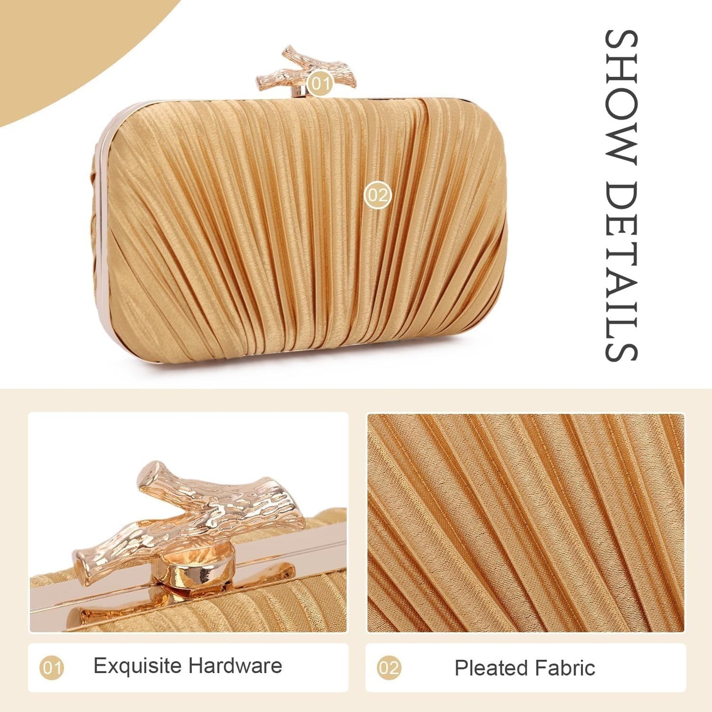 Clutch Purses for Women Evening Bag Pleated Clutch Bag with Chain Party Purses Handbag for Cocktail/Prom/Party/Wedding/Formal