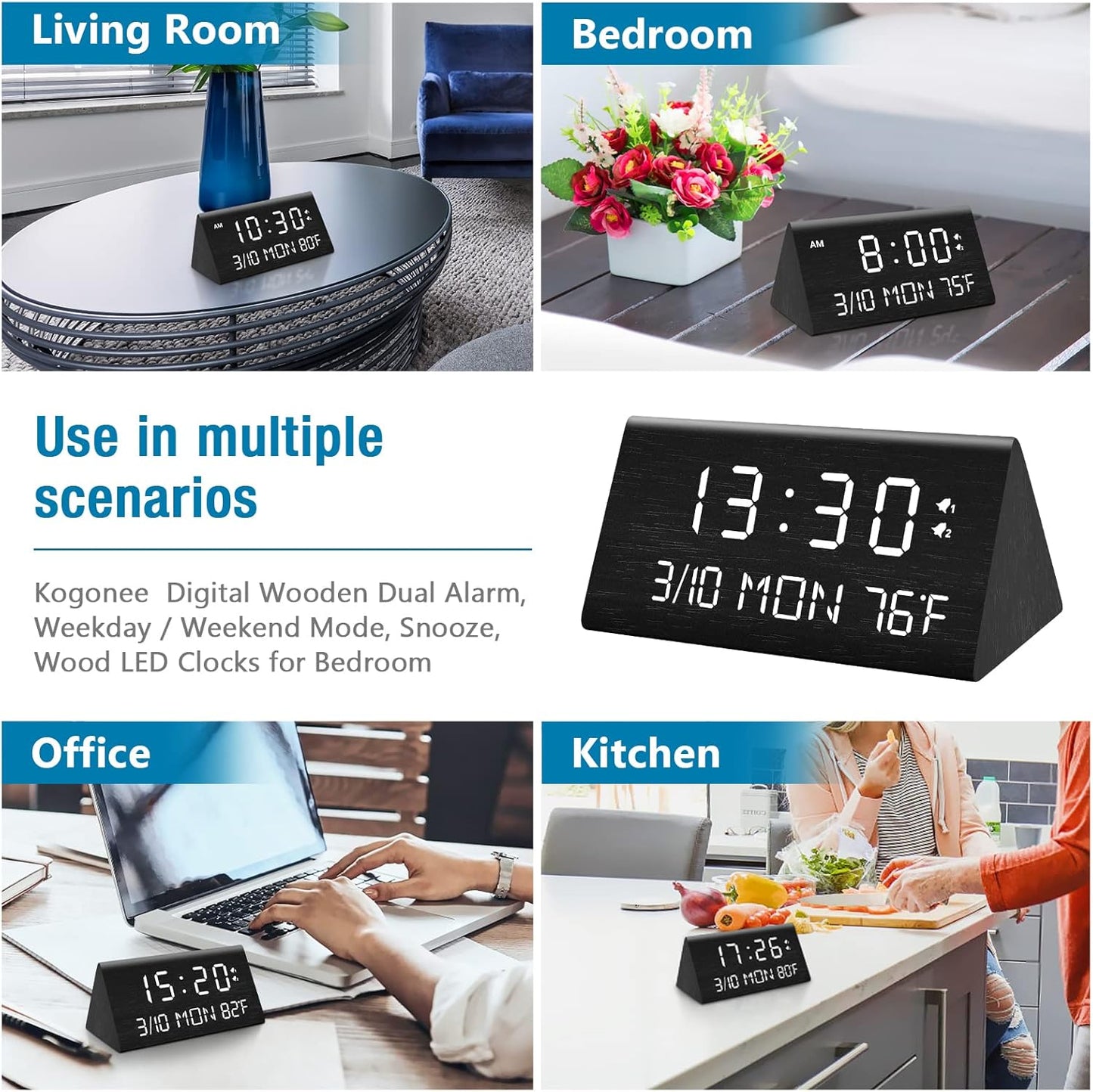 Kogonee Wooden Digital Alarm Clock, 0-100% Dimmer, 2 Alarm Settings, Weekday/Everyday Mode, 9 Mins Snooze, 12/24H, Temperature and Date Display for Office, Travel, Bedroom Alarm Clock (White)