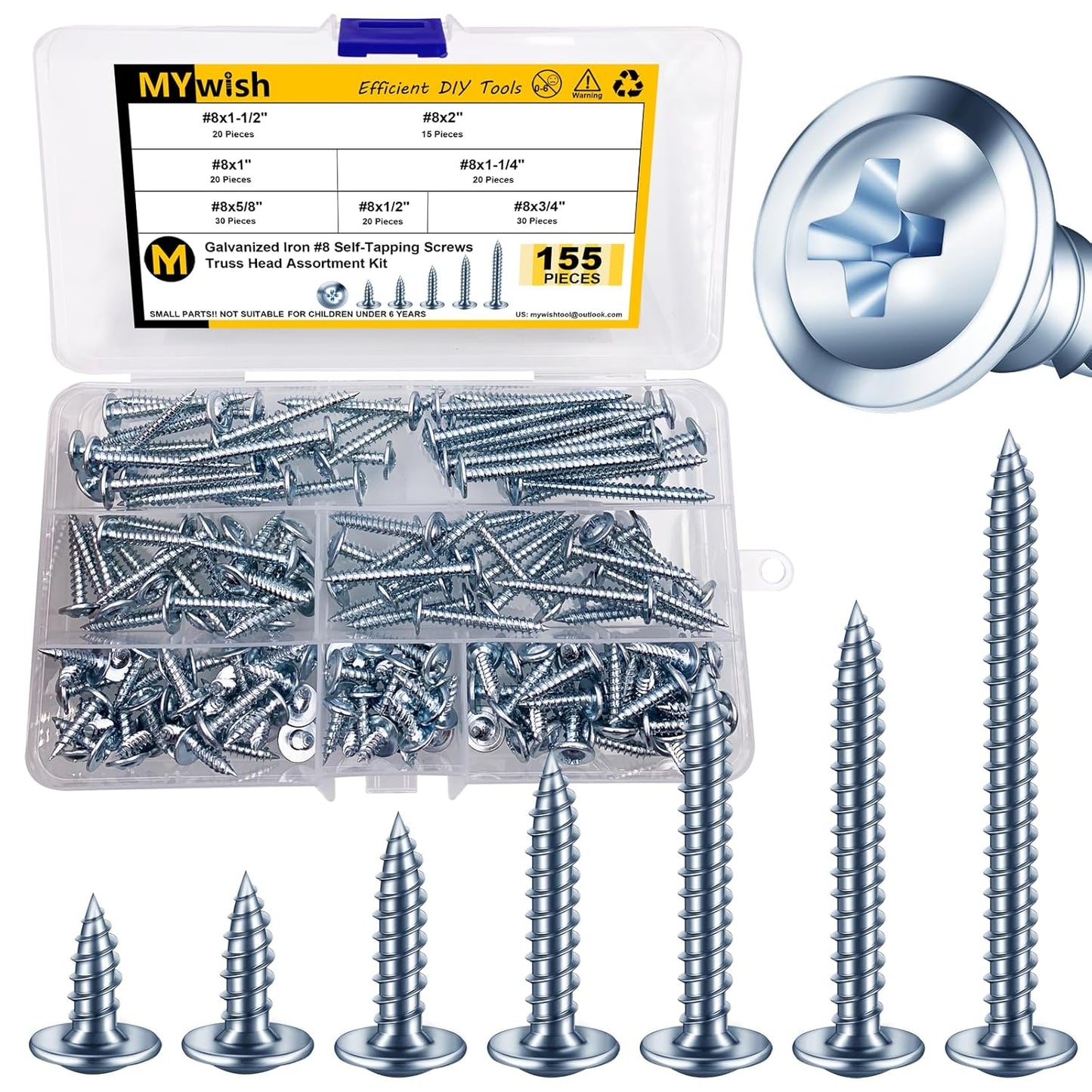 150Pcs #8 × 2" Black Screws for Wood, Phillips Truss Head Wood Screws, Quick Metal Self Tapping, Zinc Plated Steel, Truss Head Screws by Mywish