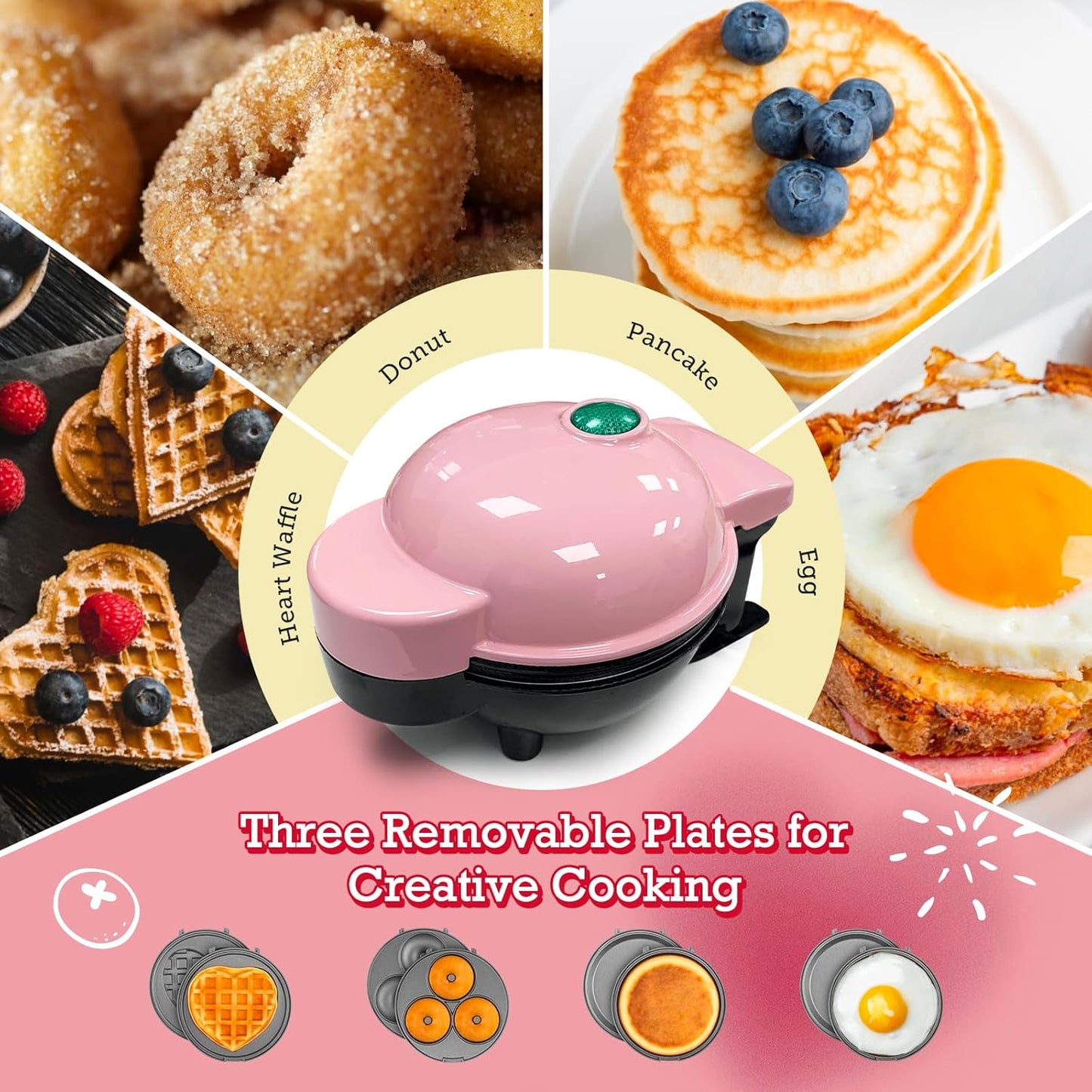 GVAKMM Mini Waffle Maker(Heart),Small Waffle Maker Keto,Mini Wafflera Iron for Kids Family and Individuals,4'' Non Stick Cooking Plates with Fast & Even Heating(Pink)