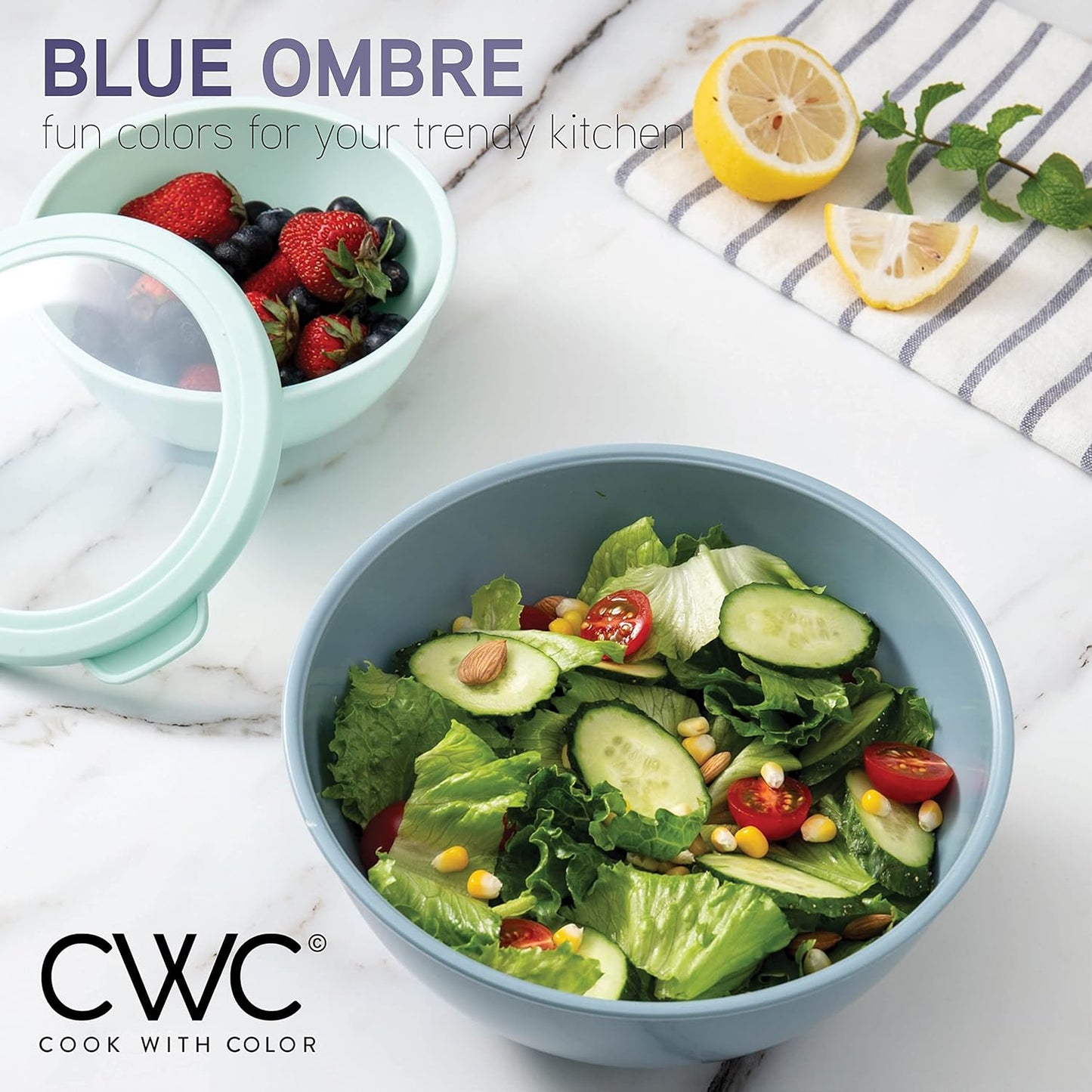 COOK WITH COLOR Mixing Bowls with TPR Lids - 12 Piece Plastic Nesting Bowls Set Includes 6 Prep Bowls and 6 Lids, Microwave Safe Mixing Bowl Set (Mint)