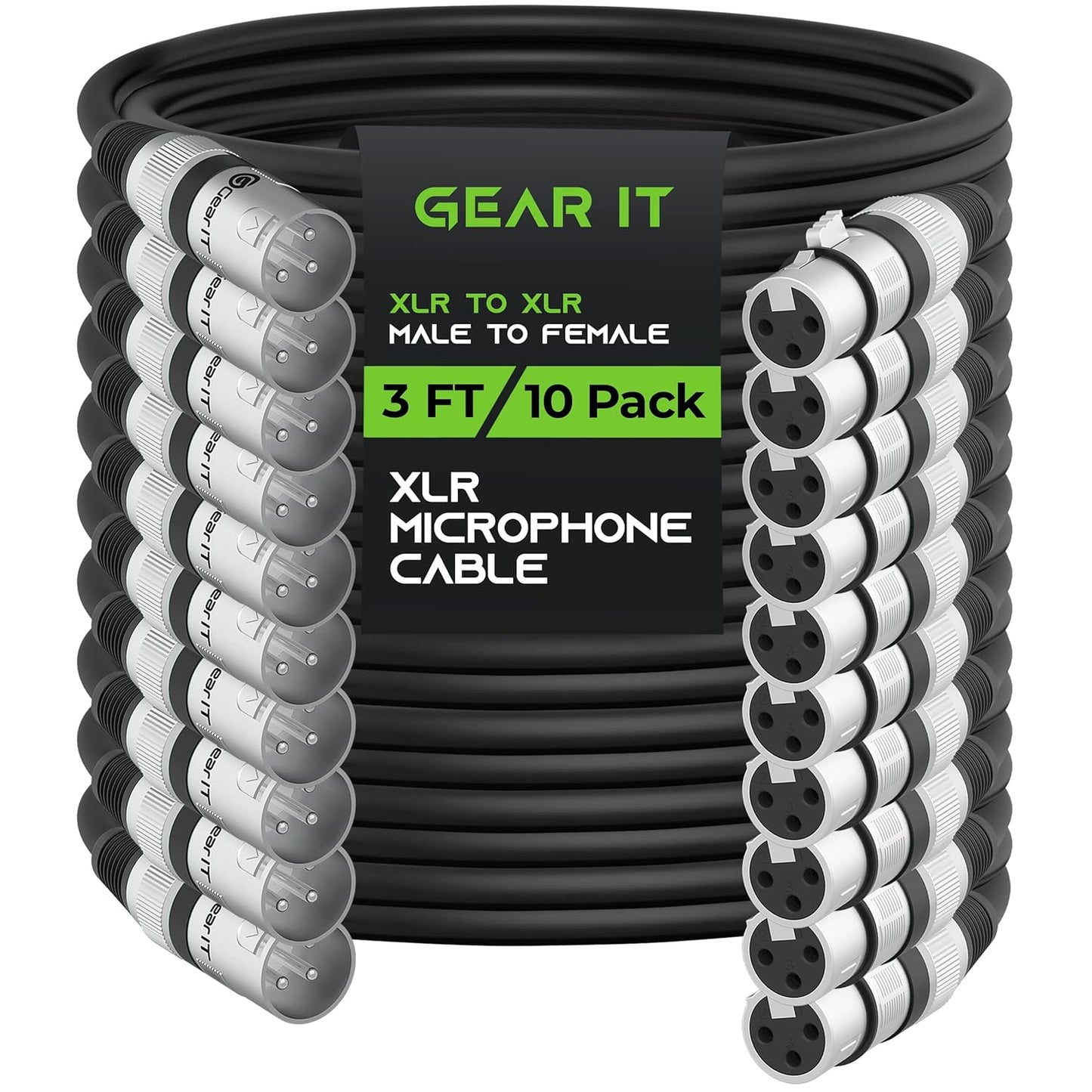 GEARit XLR Male to Female Microphone Cable (10 Feet, 6-Pack) 3-Pin Balanced Shielded Mixer, Recording Studio, Podcast - Black