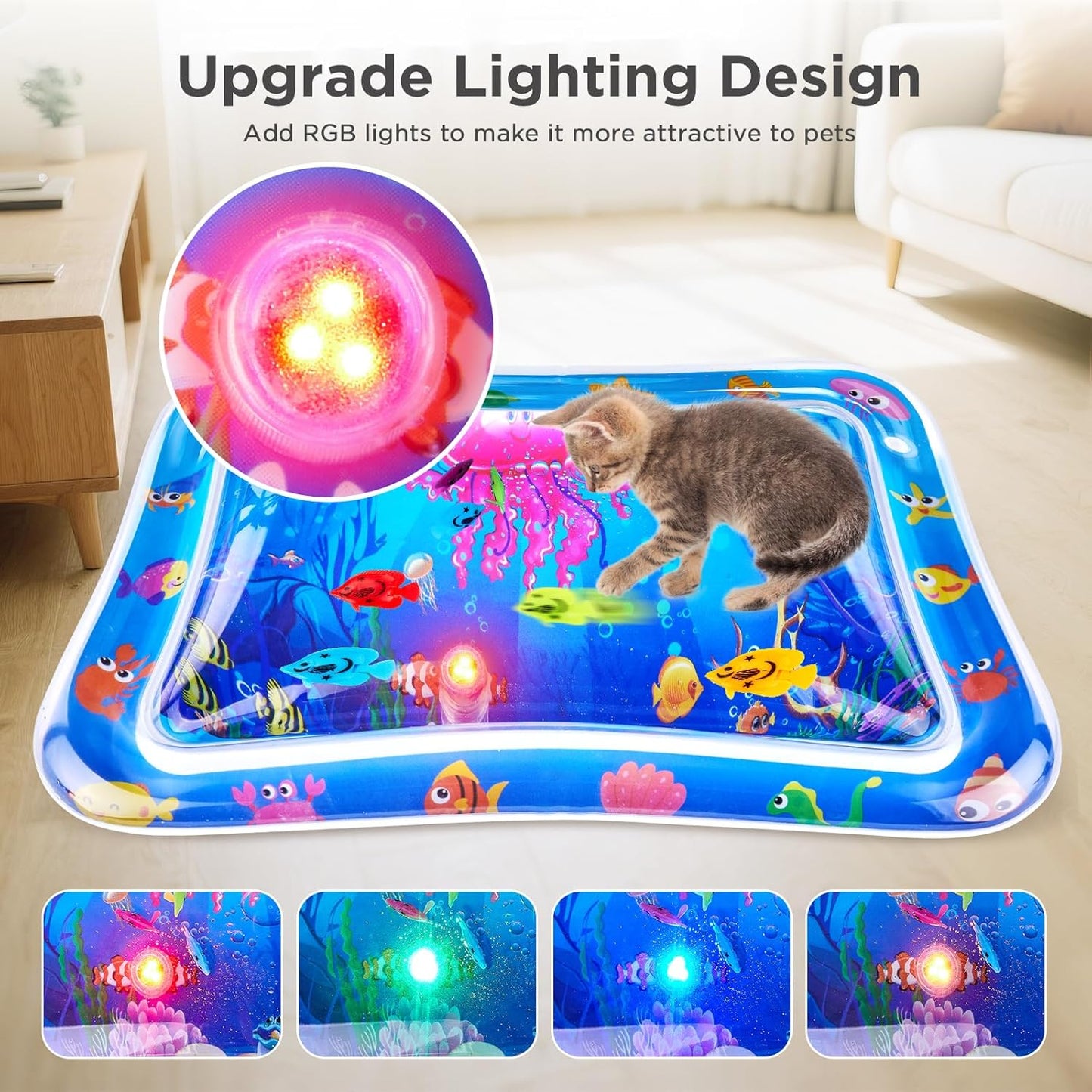 FATBEE New Thickened Cat Water Mat with Light,Anti-Scratch Water Sensor Play Mat,Water Sensor Play Mat for Cats, Cool Comfort Water Sensor Pad