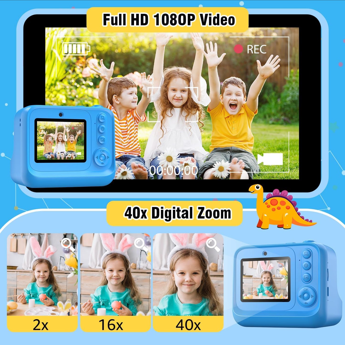 Instant Print Camera for Kids Age 3-12 Girls Boys 1080P Selfie HD Digital Video Cameras with 6 Print Paper & 32G Card Toddler Portable Travel Toys Camera for Christmas Birthday Gifts