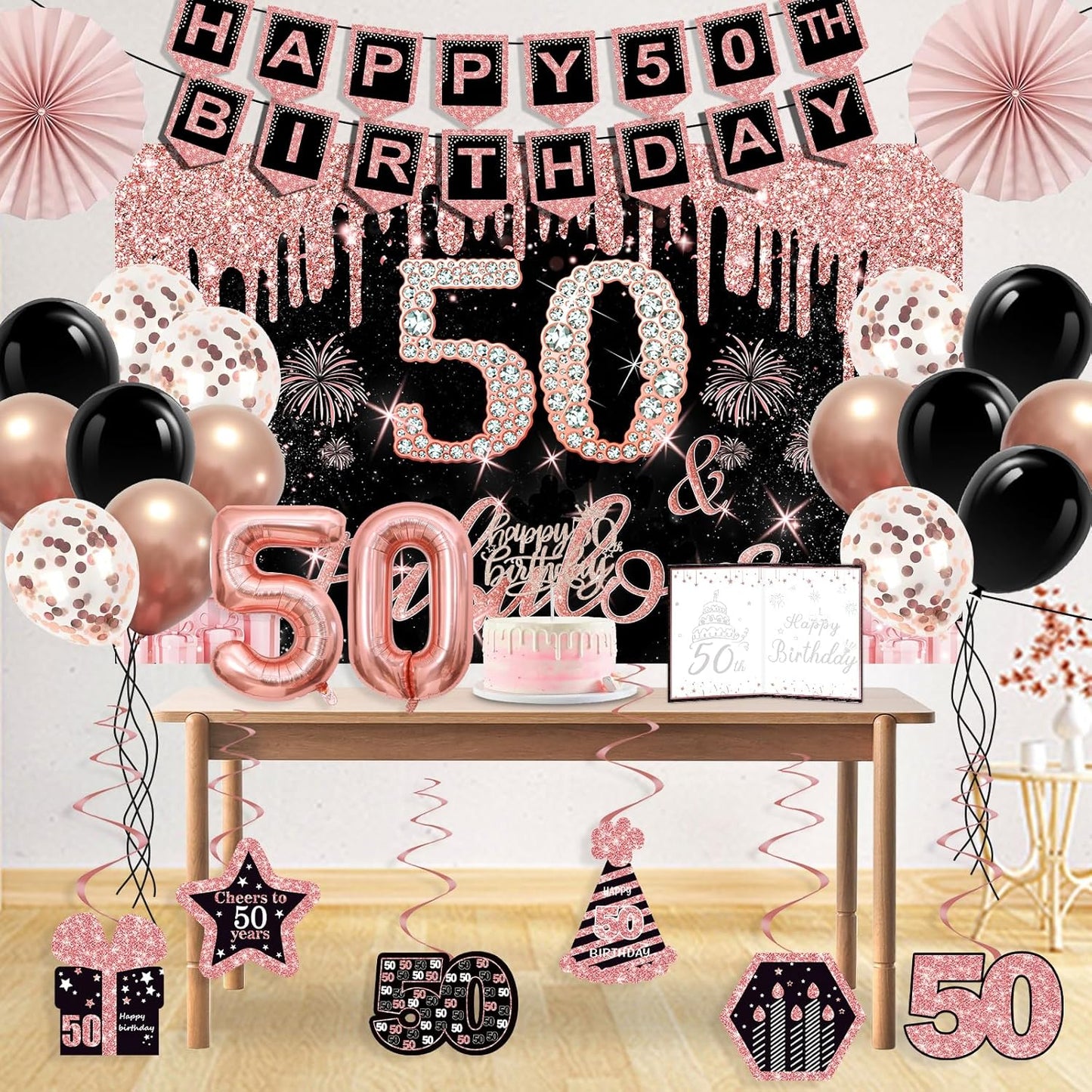 40th Birthday Decorations for Women,32pcs 40th Birthday Party Decorations,Including Backdrop, Crown,Sash,banner, Hanging Swirl,Cake Topper,balloons,Paper Fans,Anniversary Card and paper fans