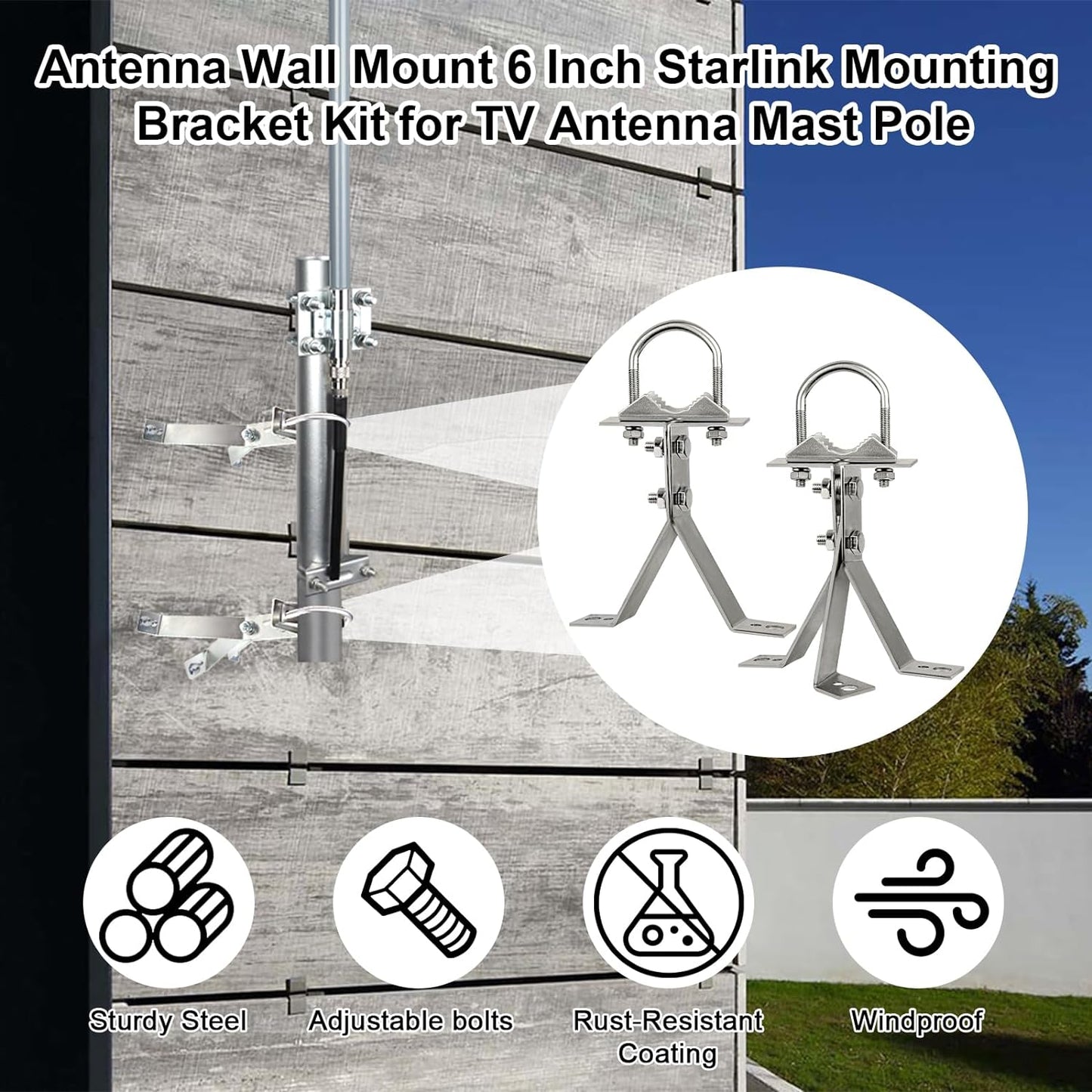 XRDS-RF 16 Inch Heavy-Duty Wall Mount Stand Off Mast for TV Antenna - Windproof Mounting Bracket (2-Leg + 2-Leg)