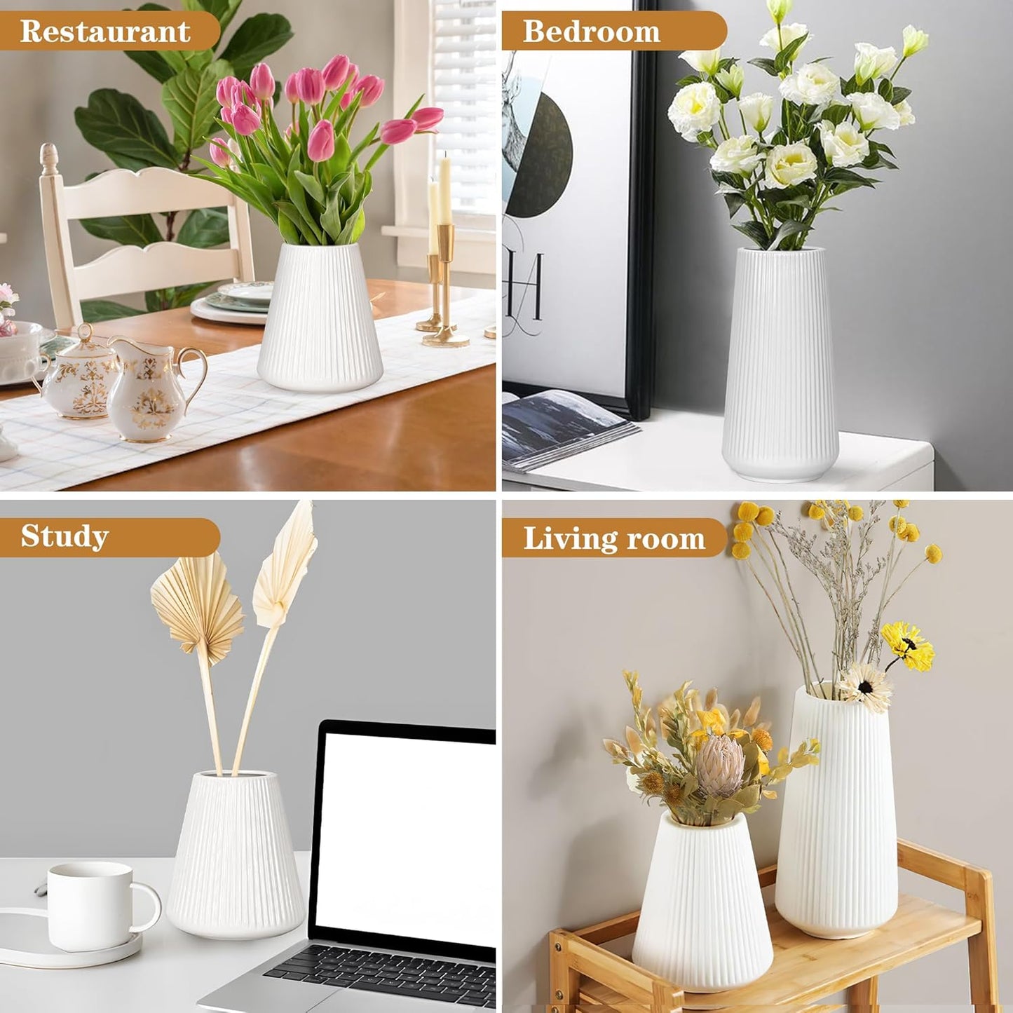 White Ceramic Vase, GUKJOB Small Cute Flower Vase for Pampas Grass, Home, Living Room, Dining Table, Farmhouse, Office Decor, Bedroom, Table, and Kitchen Shelf (White)