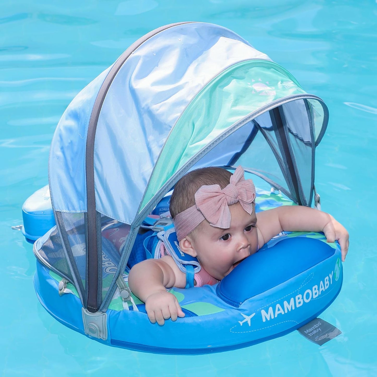 Mambobaby Baby Swim Float with Canopy, Non-Inflatable Solid Baby Float, Upgrade Soft Skin-Friendly Material Infant Swim Float