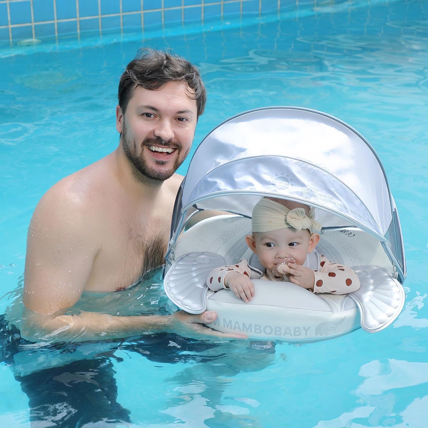 Mambobaby Baby Swim Float with Canopy, Non-Inflatable Solid Baby Float, Upgrade Soft Skin-Friendly Material Infant Swim Float