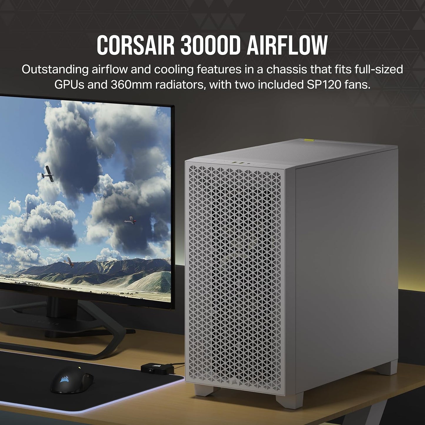 CORSAIR 3000D Airflow Mid-Tower PC Case – 2X SP120 Elite Fans – Four-Slot GPU Support – Fits up to 8X 120mm Fans – High-Airflow Design – Black
