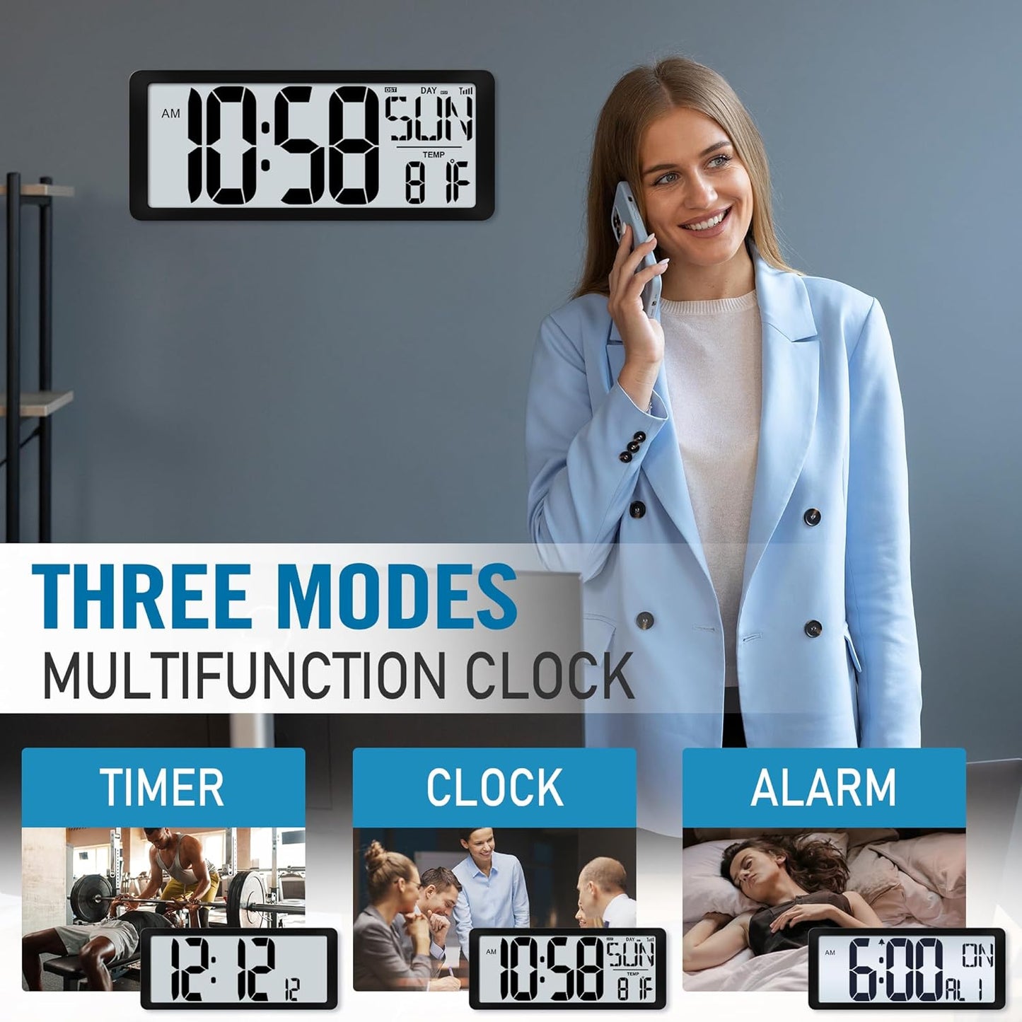 KMMKGG 15" Large Digital Wall Clock Battery Operated, Digital Clock Display with Day, Date & Temperature, Large Wall Clock for Bedroom, Livingroom, Office(4.6" Numbers)