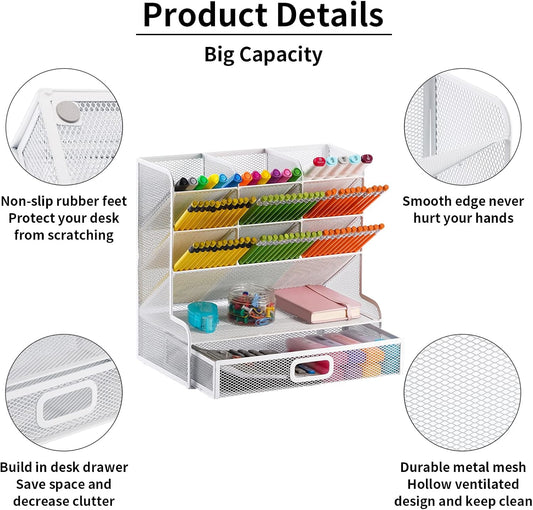 Marbrasse Mesh Desk Organizer, Multi-Functional Pen Holder, Pen Organizer for desk, Desktop Stationary Organizer, Storage Rack for School Home Office Art Supplies (White Mesh Pen Holder with Drawer)