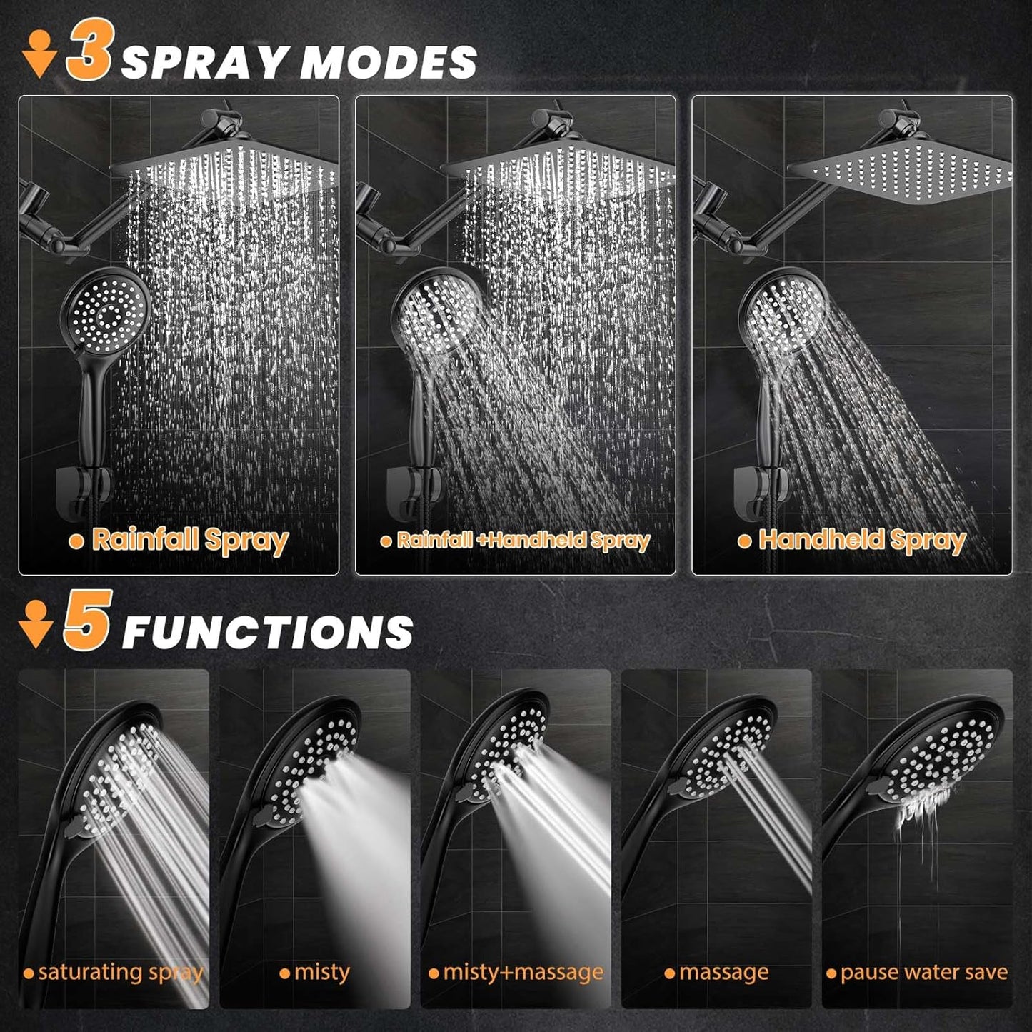 COSYLAND Rain Shower Head with Handheld - 304 Stainless Steel High Pressure 8 inch Square Rainfall Showerhead Combo with 5 Spray Mode 11 inch Extension Adjustable Arm & 60 inch Hose - Chrome