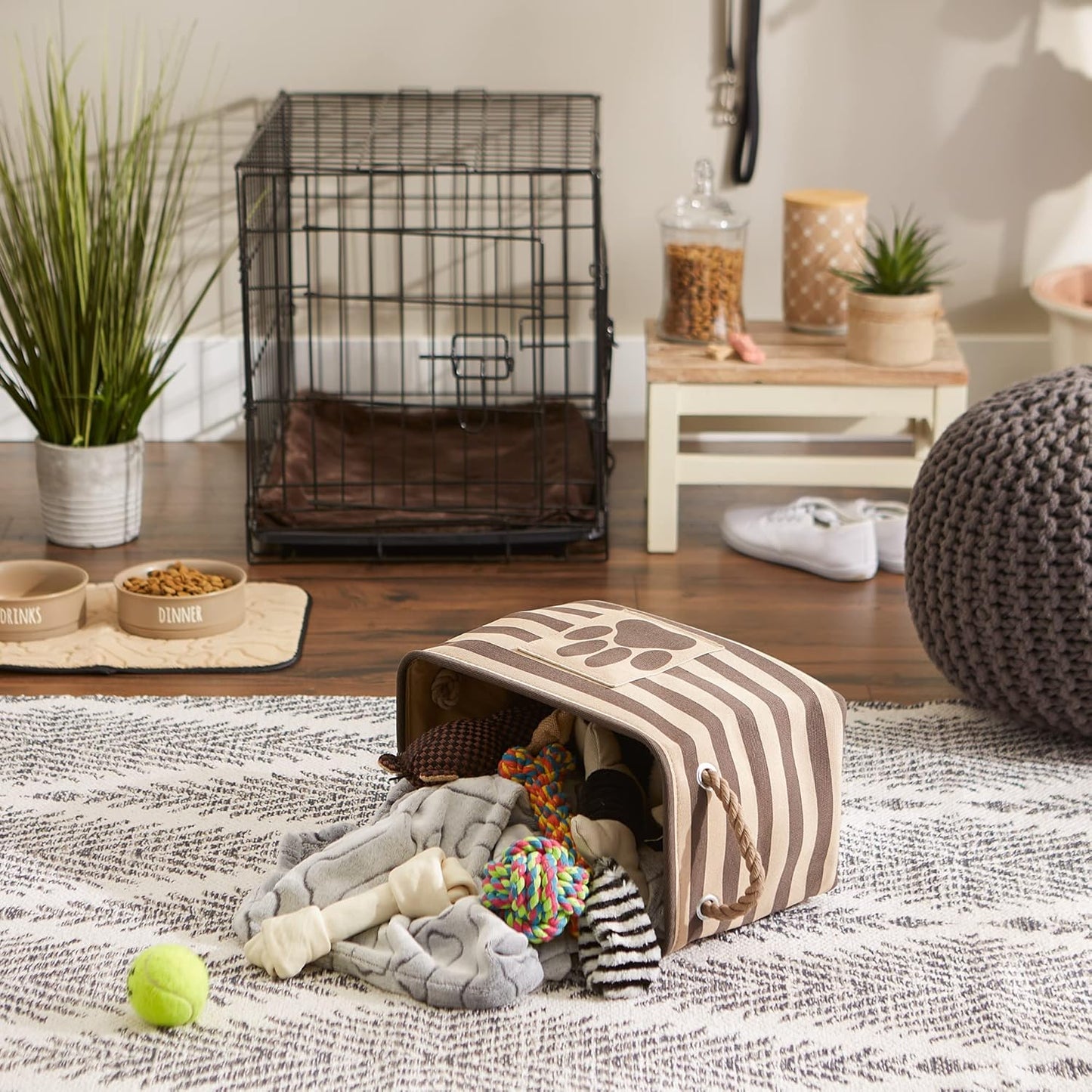 DII Bone Dry RoundSmall Pet Toy and Accessory Storage Bin, 12"(Dia) x9(H), Collapsible Organizer Storage Basket for Home Decor, Pet Toy, Blankets, Leashes and Food-Gray Stripes