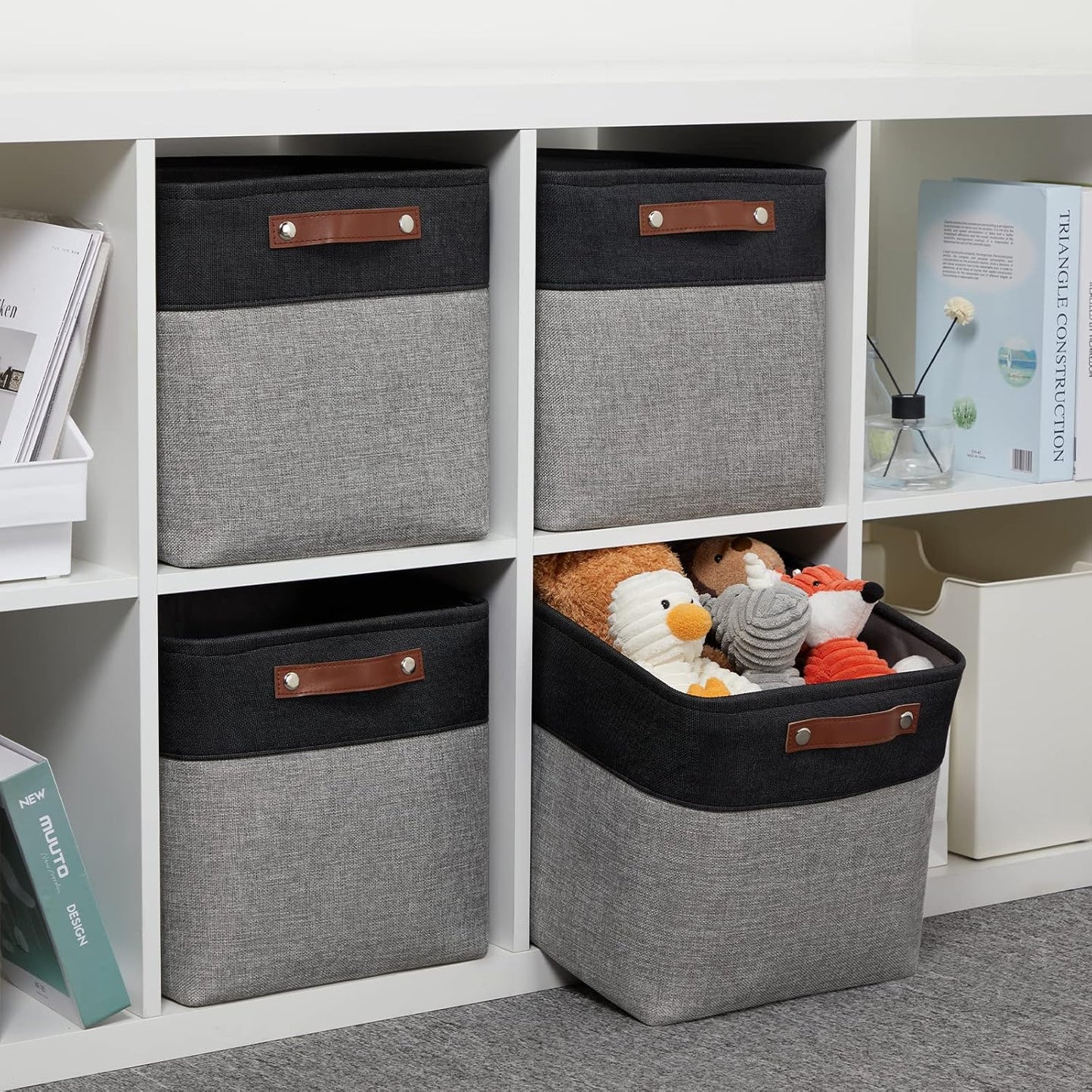 DULLEMELO Storage Baskets for Shelves, Fabric Collapsible Rectangular Storage Bins for Shelves, Closets, Nursery, Home, Office, Empty Gift Baskets (White&Teal)