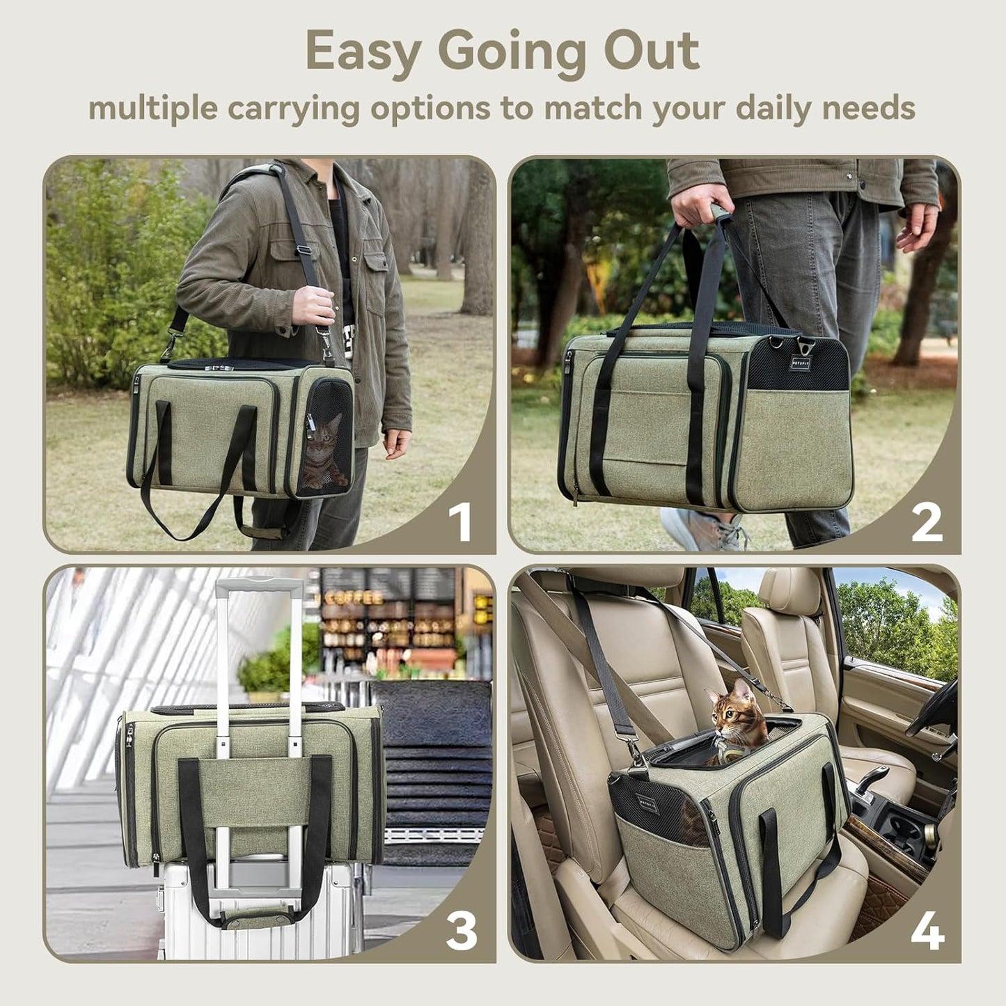 Petsfit Expandable Cat Dog Carrier Airline Approved, 17" L x 11" W x 11" H Soft-Sided Portable Pet Travel Carrier for Kitten, Puppy, Removable Soft Plush Mat and Pockets, Auto-Locking Zippers