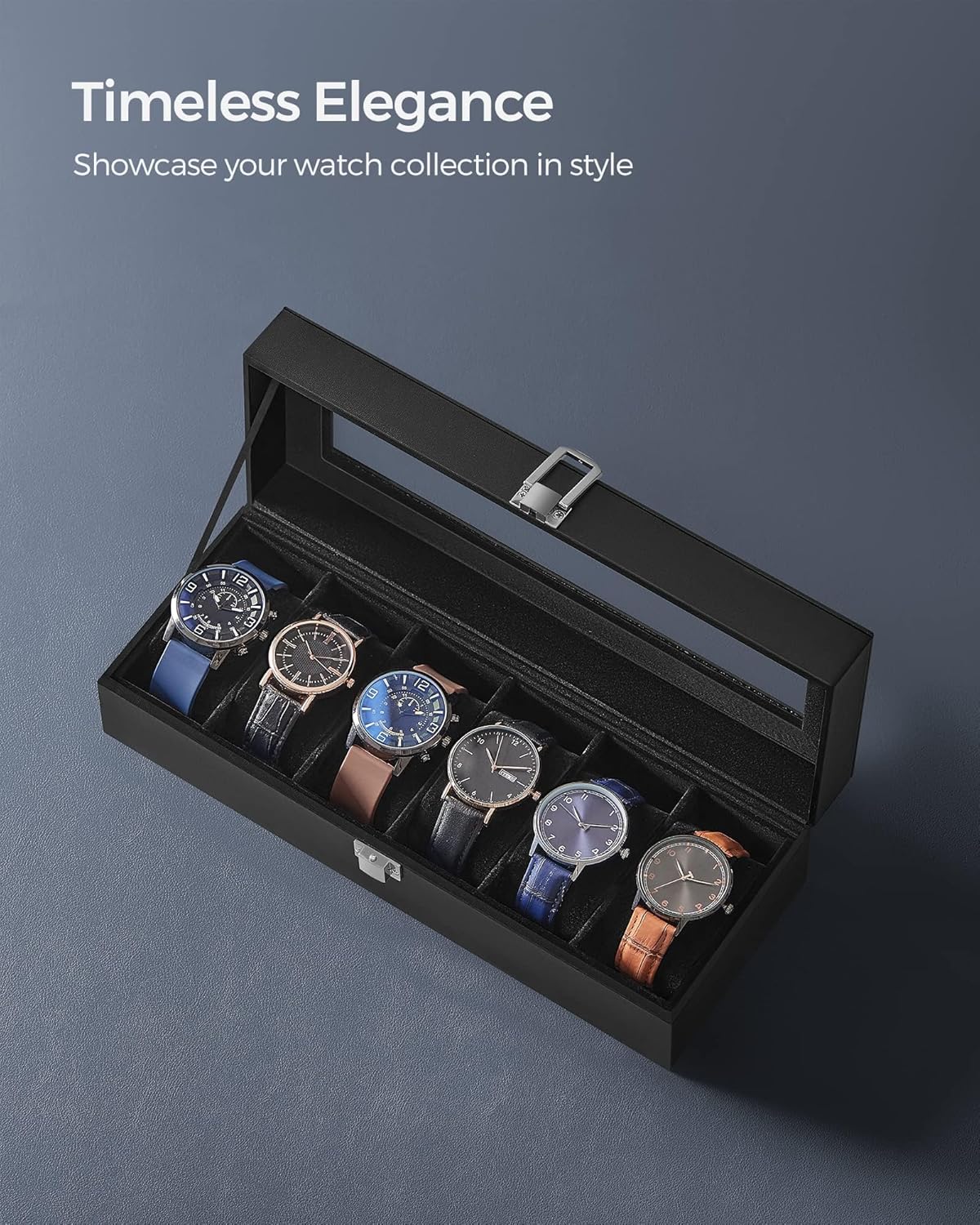 SONGMICS Watch Box, 6-Slot Watch Case, Watch Box Organizer, Black Synthetic Leather, Greenish Gray Lining UJWB06BK