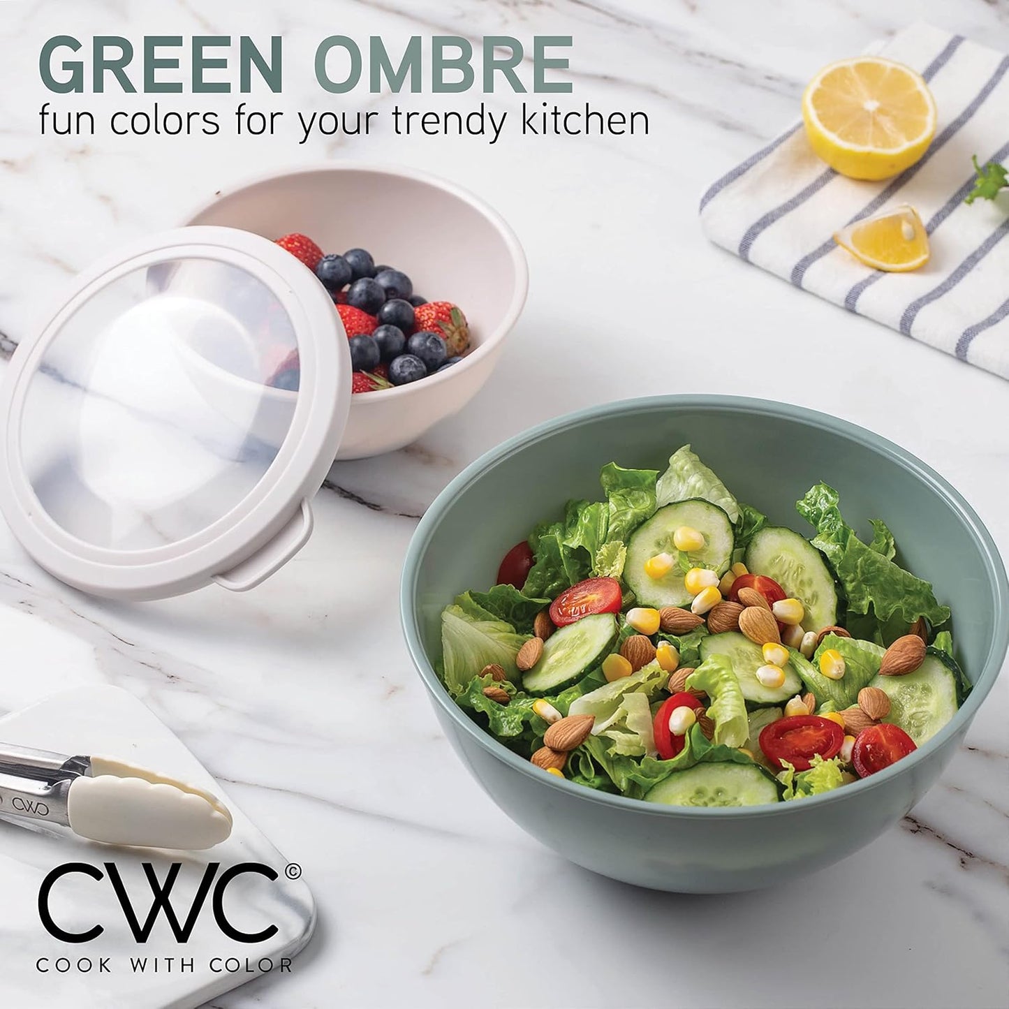 COOK WITH COLOR Mixing Bowls with TPR Lids - 12 Piece Plastic Nesting Bowls Set Includes 6 Prep Bowls and 6 Lids, Microwave Safe Mixing Bowl Set (Mint)