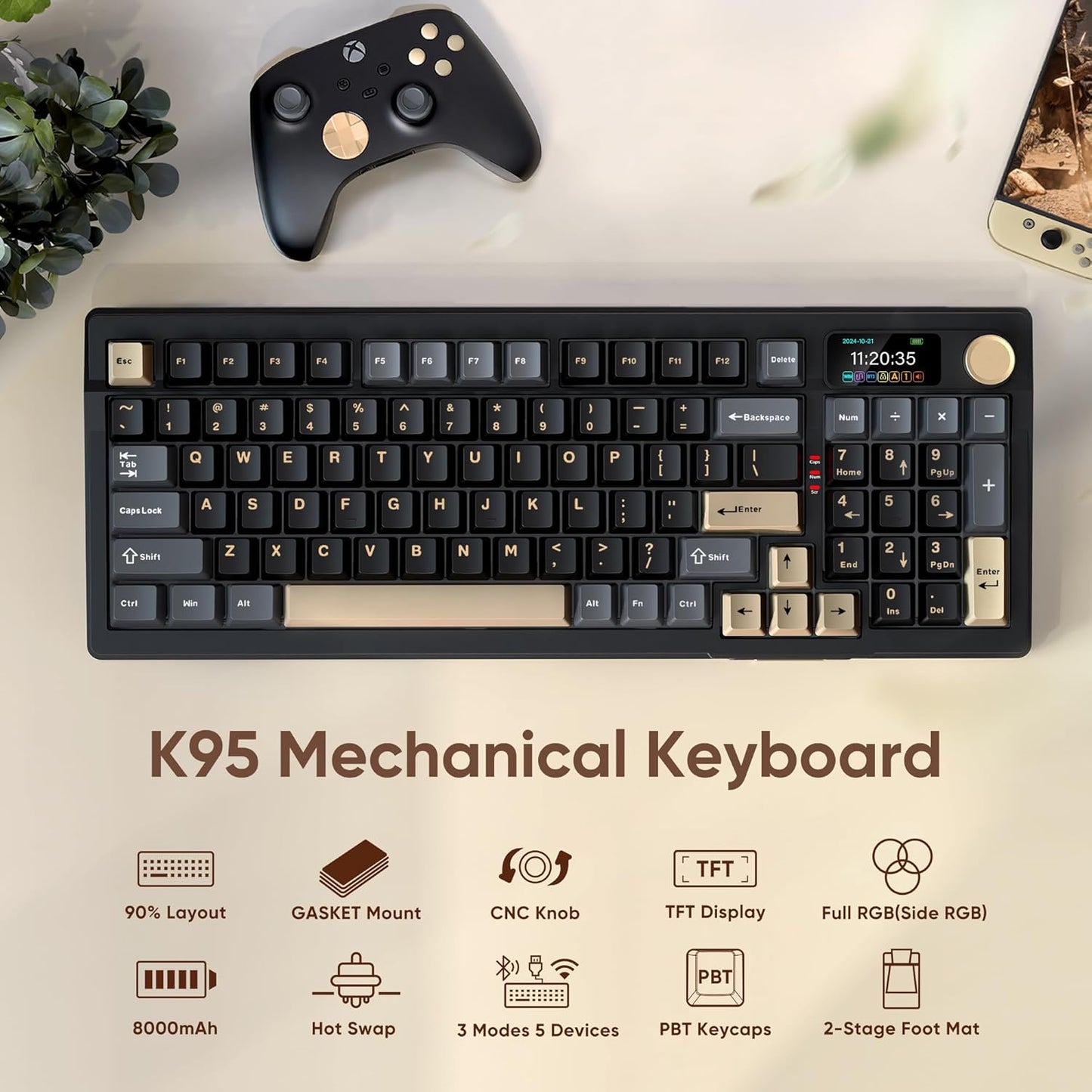 RedThunder K95 Wireless Mechanical Keyboard,TFT Screen & Knob, Tri-Mode BT5.0/2.4GHz/USB-C Hot Swappable Custom, Pre-lubed Linear Switches,Gasket Structure, RGB Gaming Keyboard for WIN/IOS, White-Blue