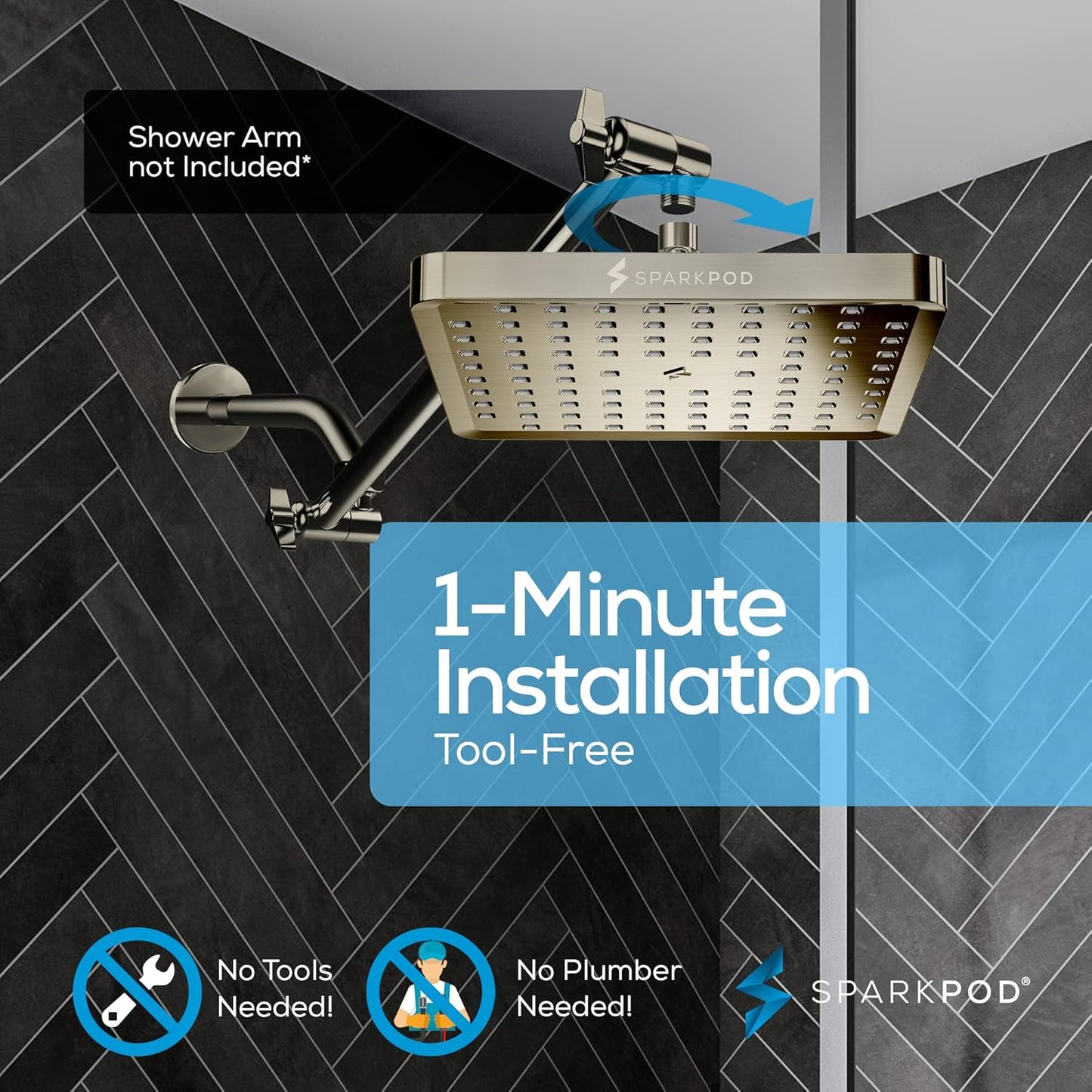SparkPod Shower Head - High Pressure Rain - Premium Quality Luxury Design - 1-Min Install - Easy Clean Adjustable Replacement for Your Bathroom Shower Heads (Luxury Polished Chrome, 6 Inch Round)
