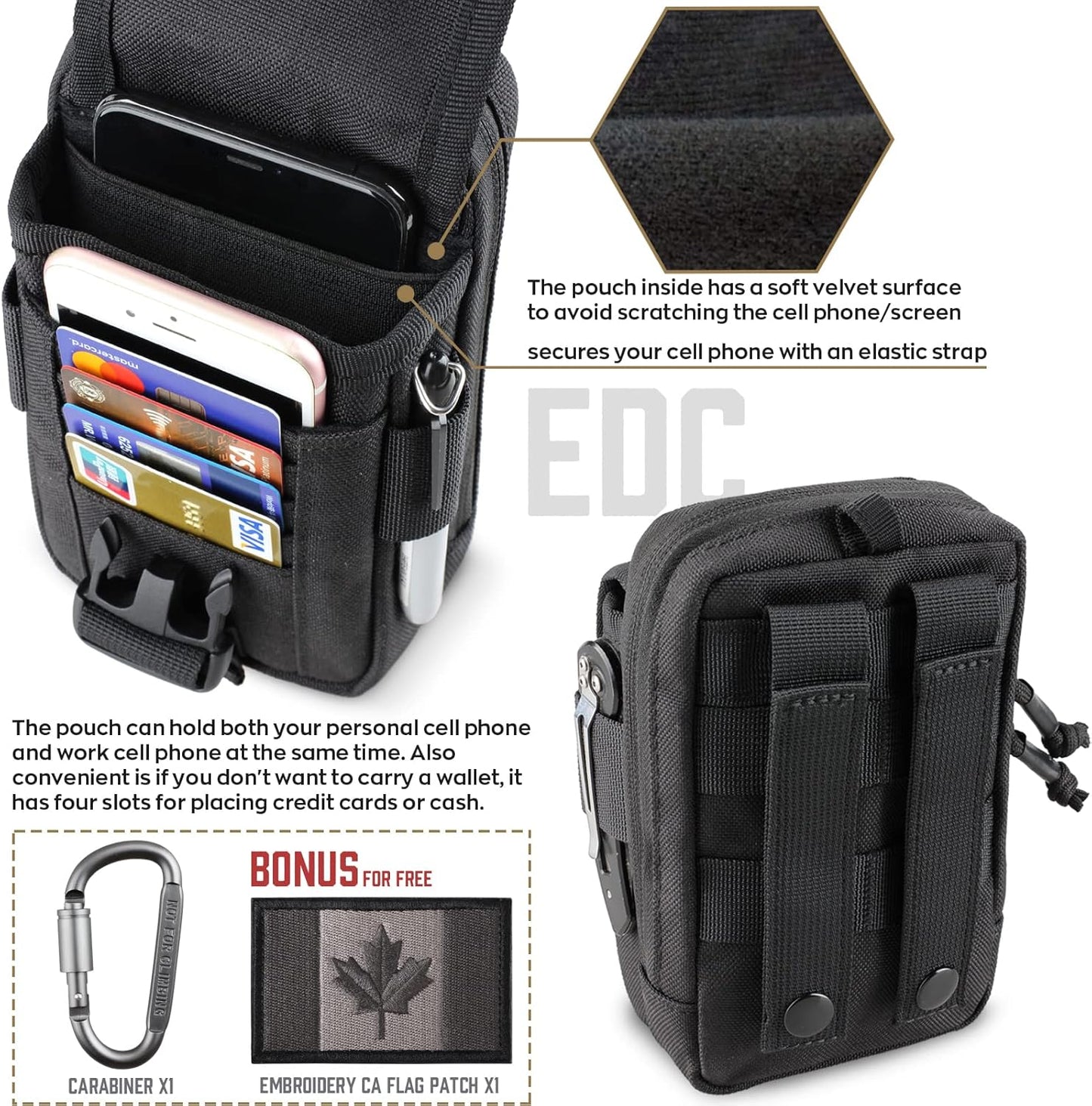 WYNEX Tactical Compass Phone Pouch, Large Molle Smartphone Holster Case Double Capacity Small Utility EDC Pouch with Compass Buckle and Carabiner