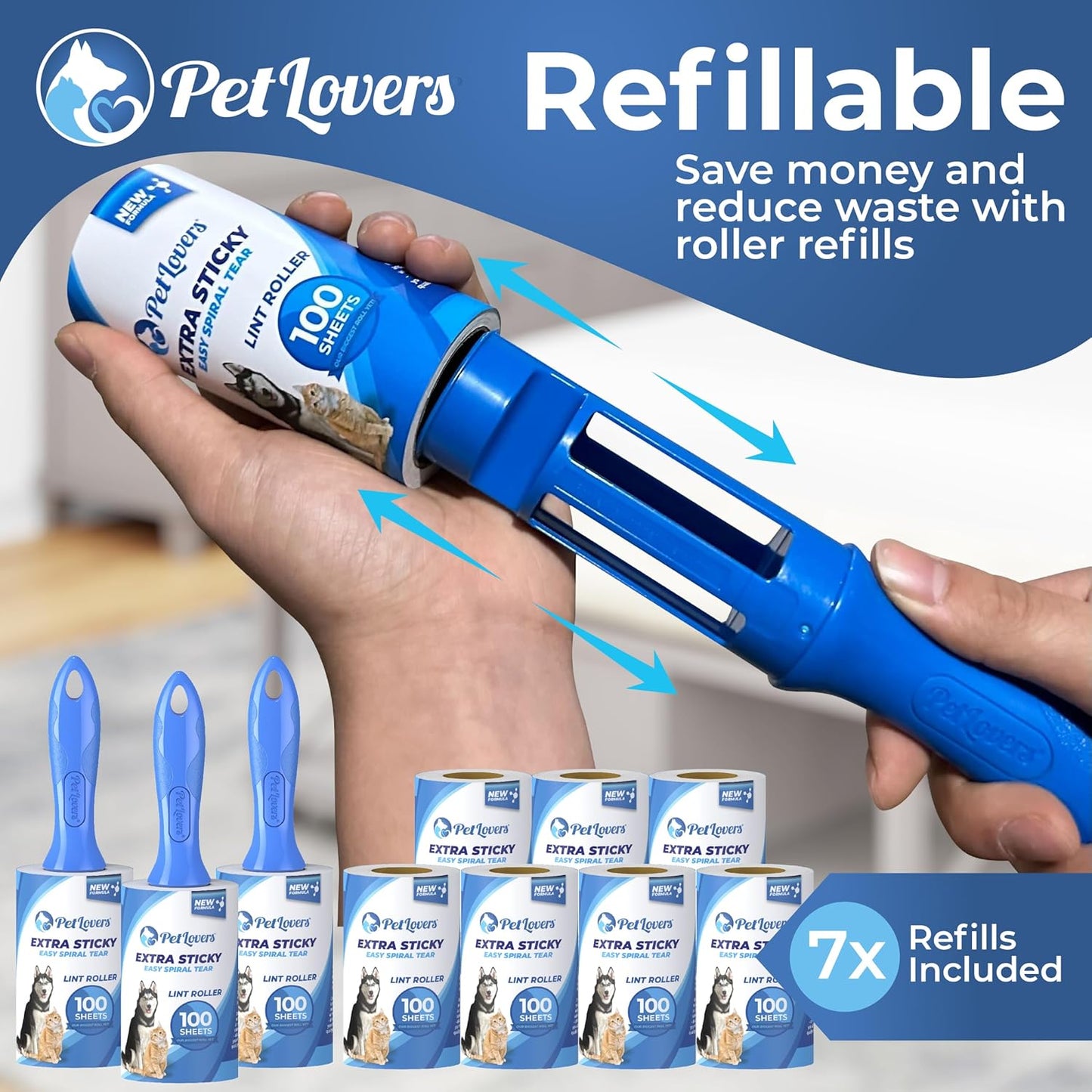PetLovers Extra Sticky Lint Roller Mega Value Set for Pet Hair Removal, Dog and Cat Lint Remover (1 Pack Reusable)