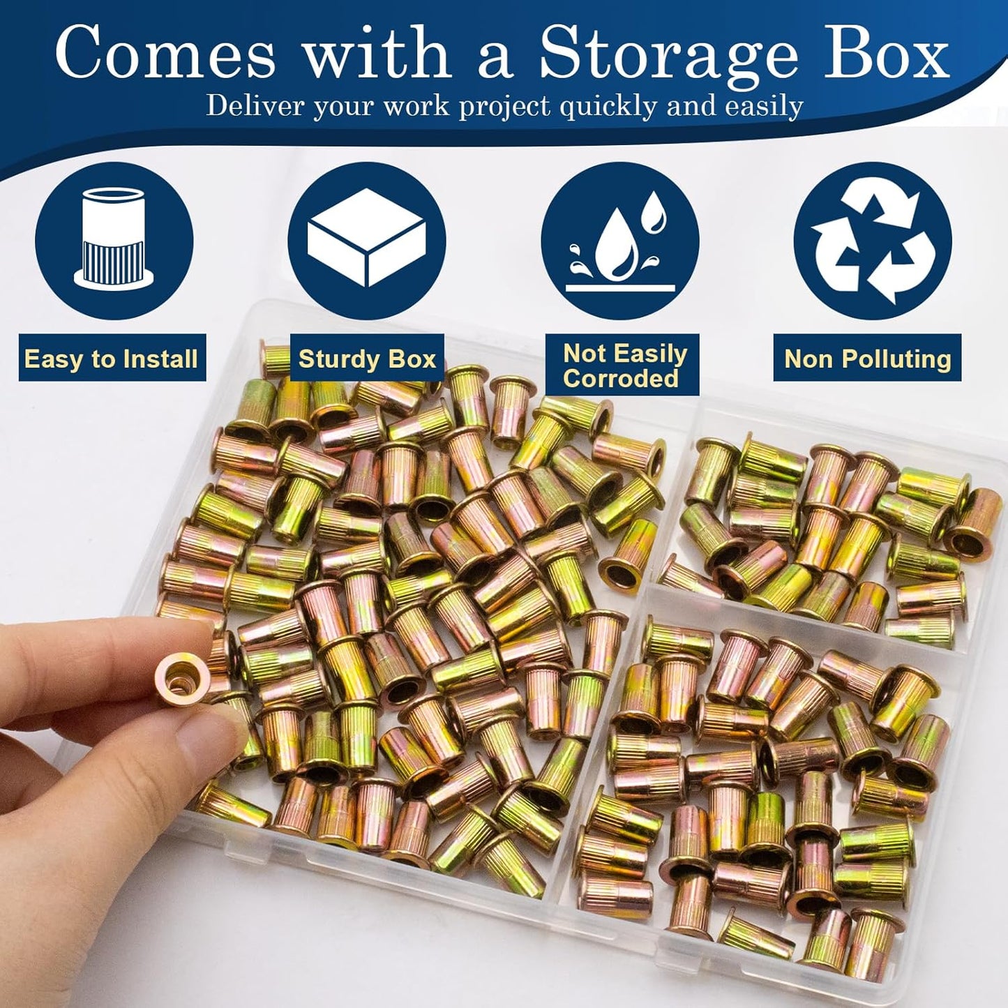 Vifmy Metric & SAE Rivet Nut Assortment Kit(420 Pcs),m3 m4 m5 m6 m8 m10 m12#6-32#8-32#10-24 1/4"-20 5/16"-18 3/8"-16 UNC Flat Head Rivnut Set,Zinc Plated Finish Carbon Steel Nutsert