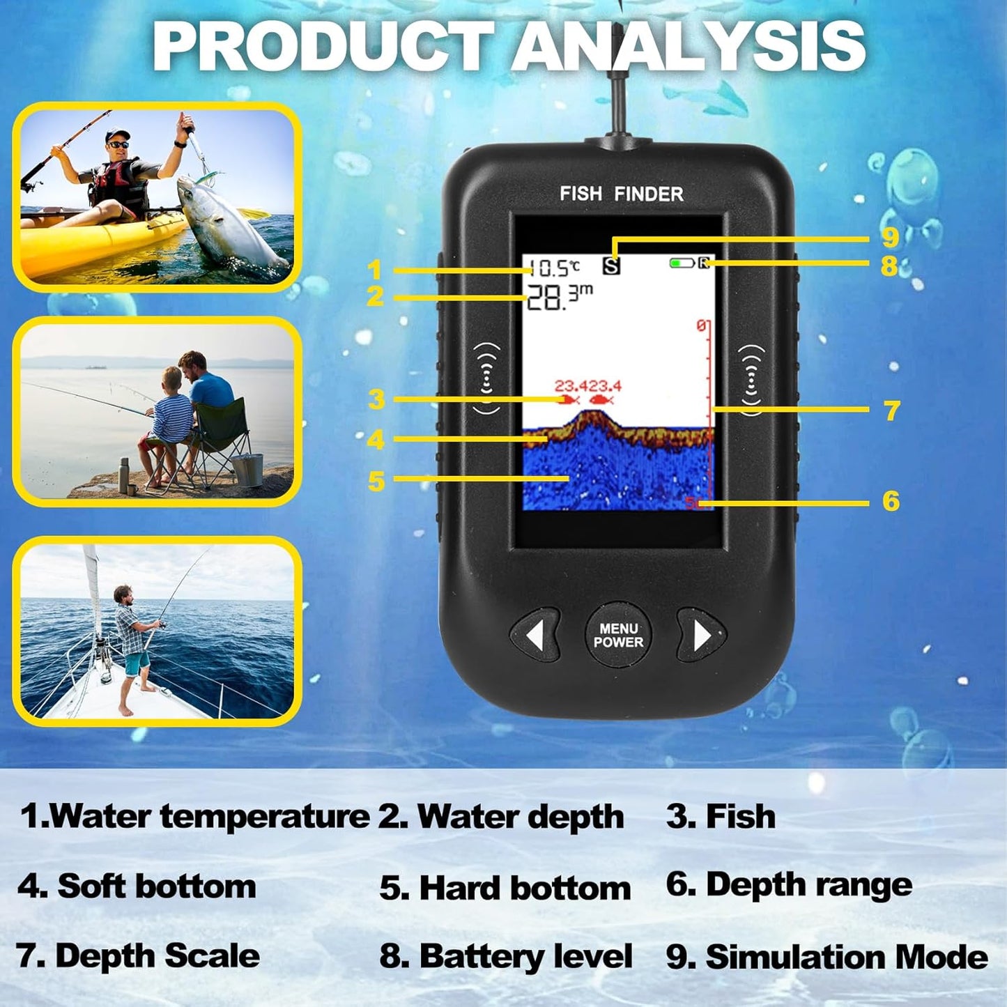 Portable Fish Finder, Water Handheld Fish Depth Finder Sonar Kayak Boat Fishfinder Transducer Fishing LCD Display