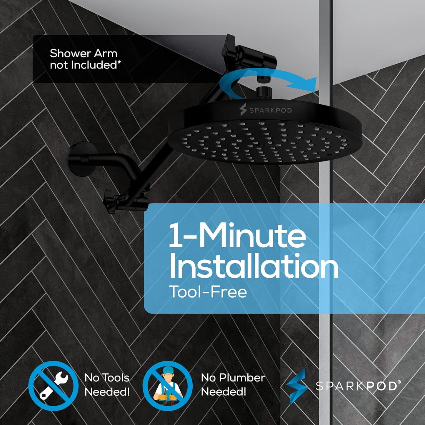 SparkPod Shower Head - High Pressure Rain - Premium Quality Luxury Design - 1-Min Install - Easy Clean Adjustable Replacement for Your Bathroom Shower Heads (Luxury Polished Chrome, 6 Inch Round)