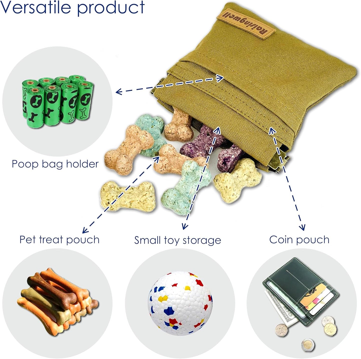 Raisingwell Dog Treat Pouch, Black Pocket Sized Pet Training Pouch, Cotton Fabric, Hand Free Dog Walking Bag with Carabiner, Self-Closing Pet Feed Snack Reward, for Pet Puppy Travel or Outdoor Use