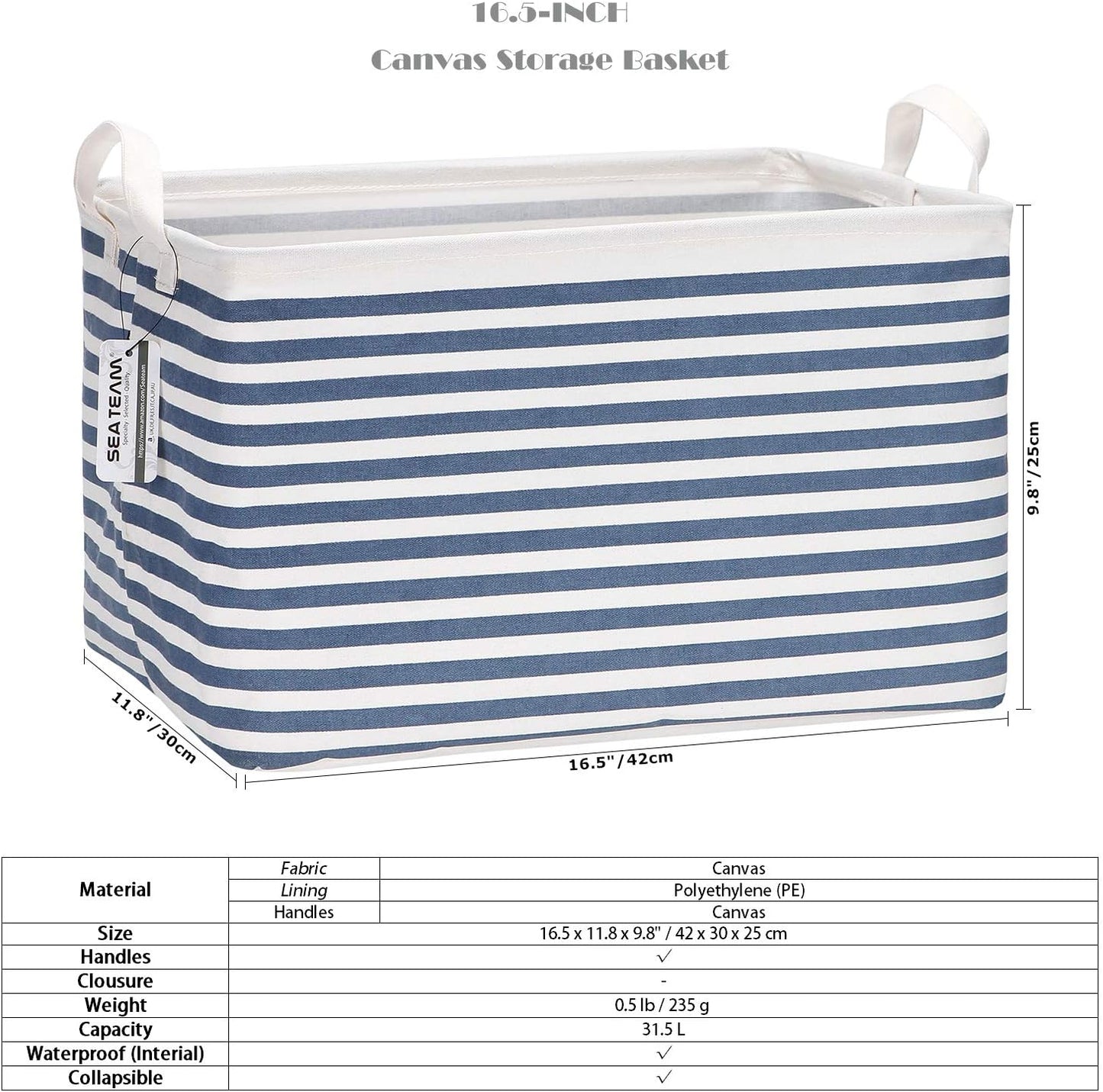Sea Team 16.5 x 11.8 x 9.8 inches Square Canvas Fabric Storage Bins Shelves Storage Baskets Organizers for Nursery & Kid's Room, Grey Stripe
