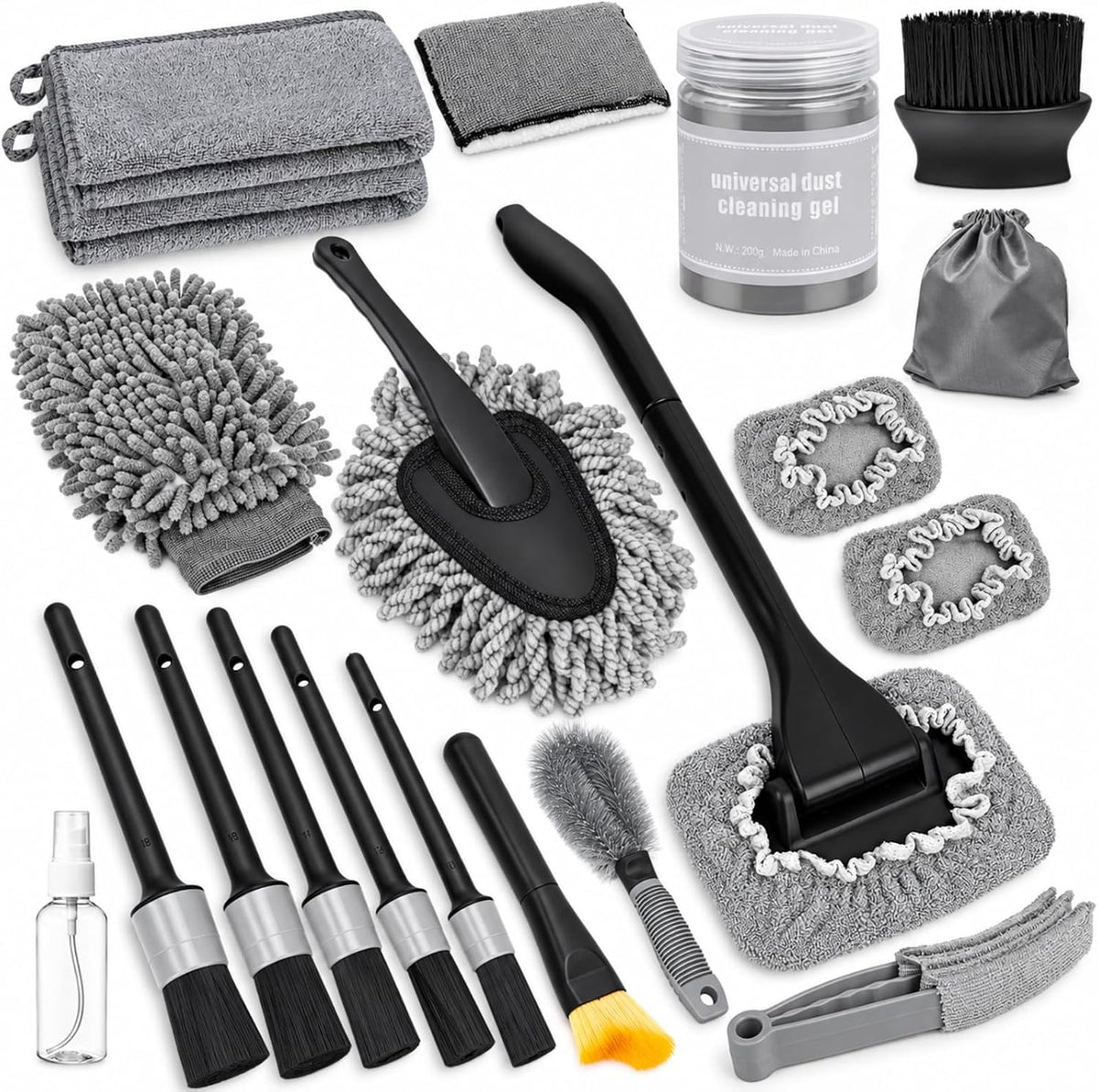 20Pcs Windshield Cleaner Tool - Car Interior Detailing Brush Kit with 200g Cleaning Gel, Microfiber Car Wash Mitt, Dash Duster & 2-Sided Scrubber, All-in-One Inside Car Cleaning Supplies Tool