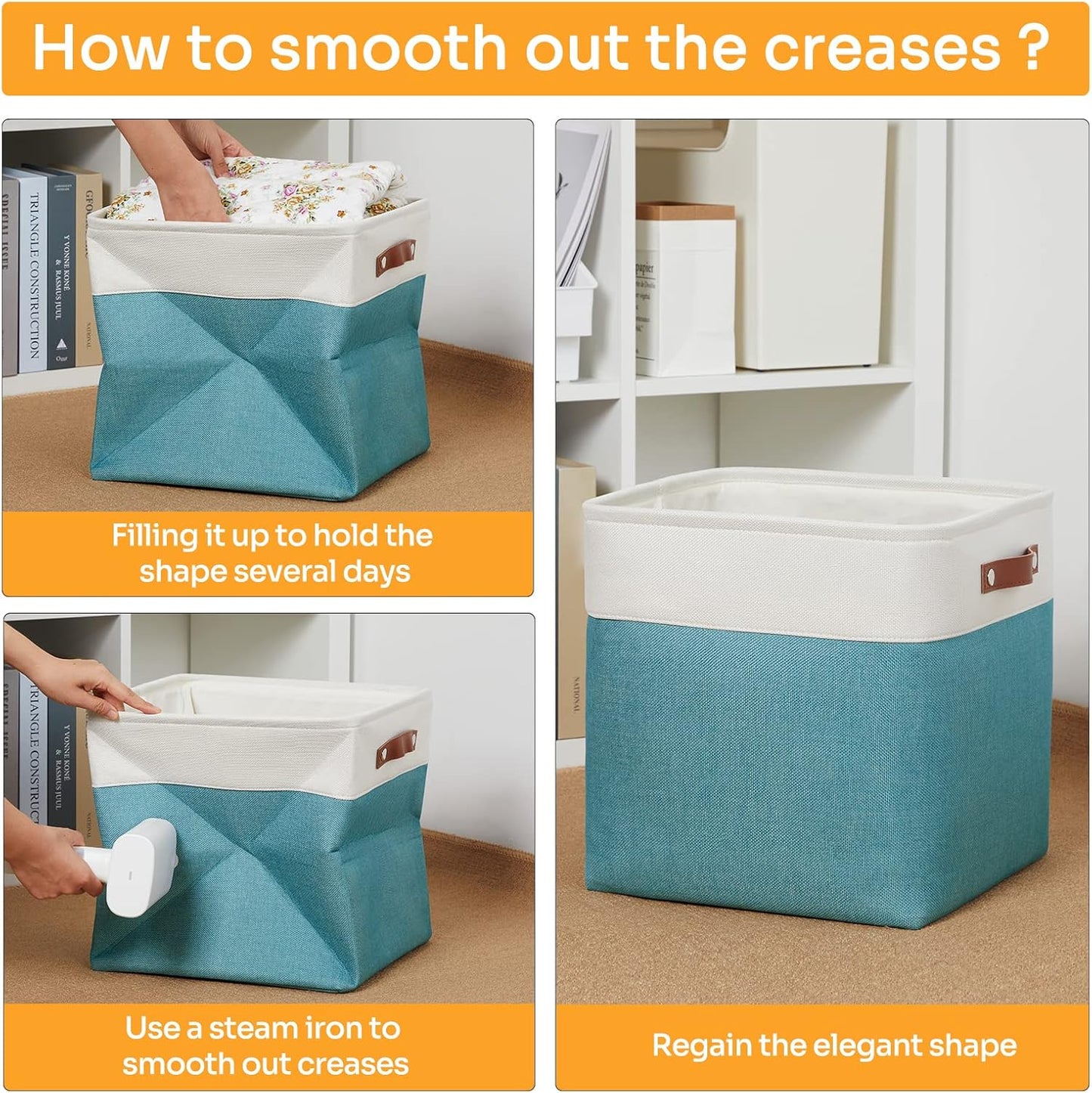 DULLEMELO Storage Baskets for Shelves, Fabric Collapsible Rectangular Storage Bins for Shelves, Closets, Nursery, Home, Office, Empty Gift Baskets (White&Teal)