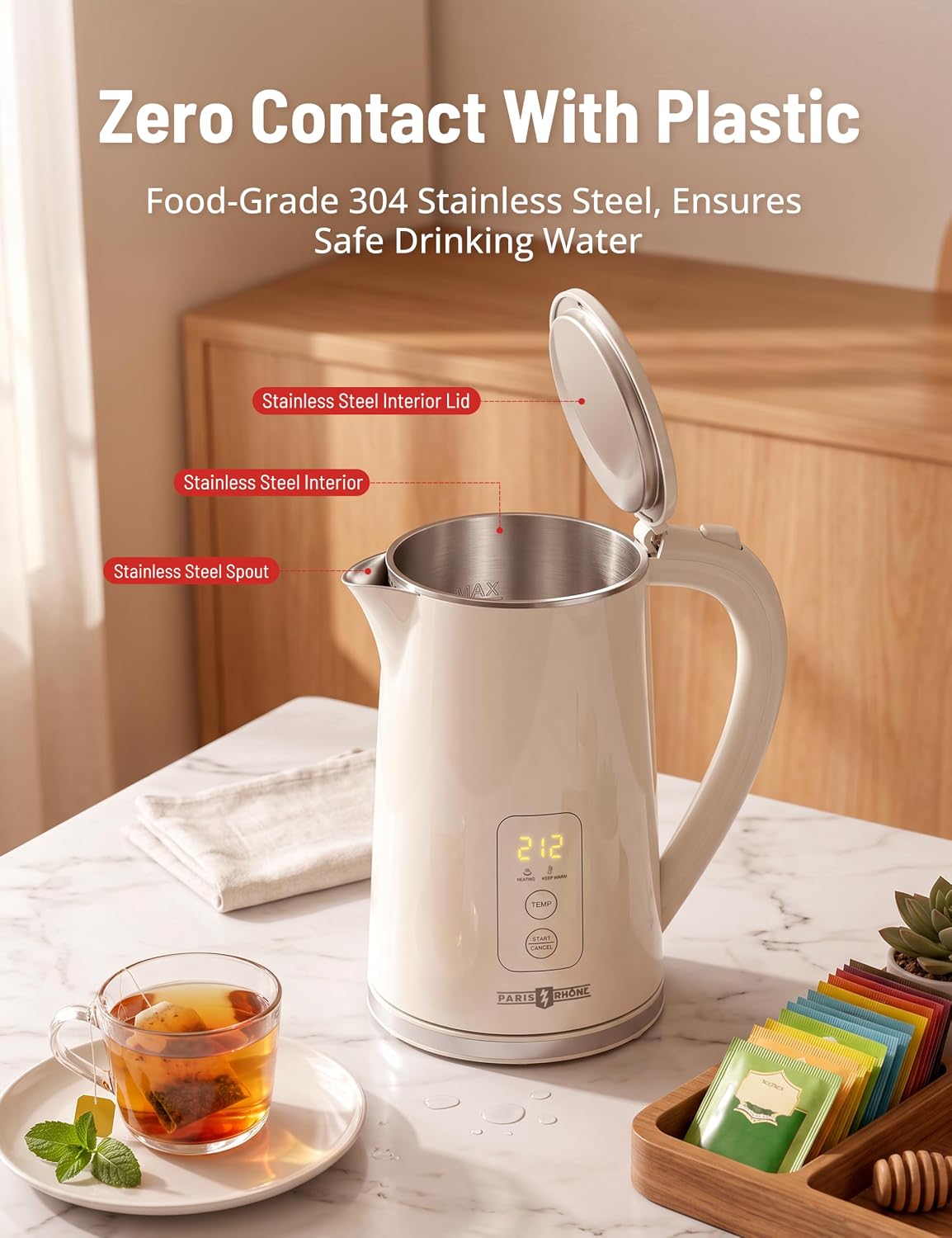 Electric Kettle, 1.7L Capacity 6 Temperature Settings Cordless Water Heater