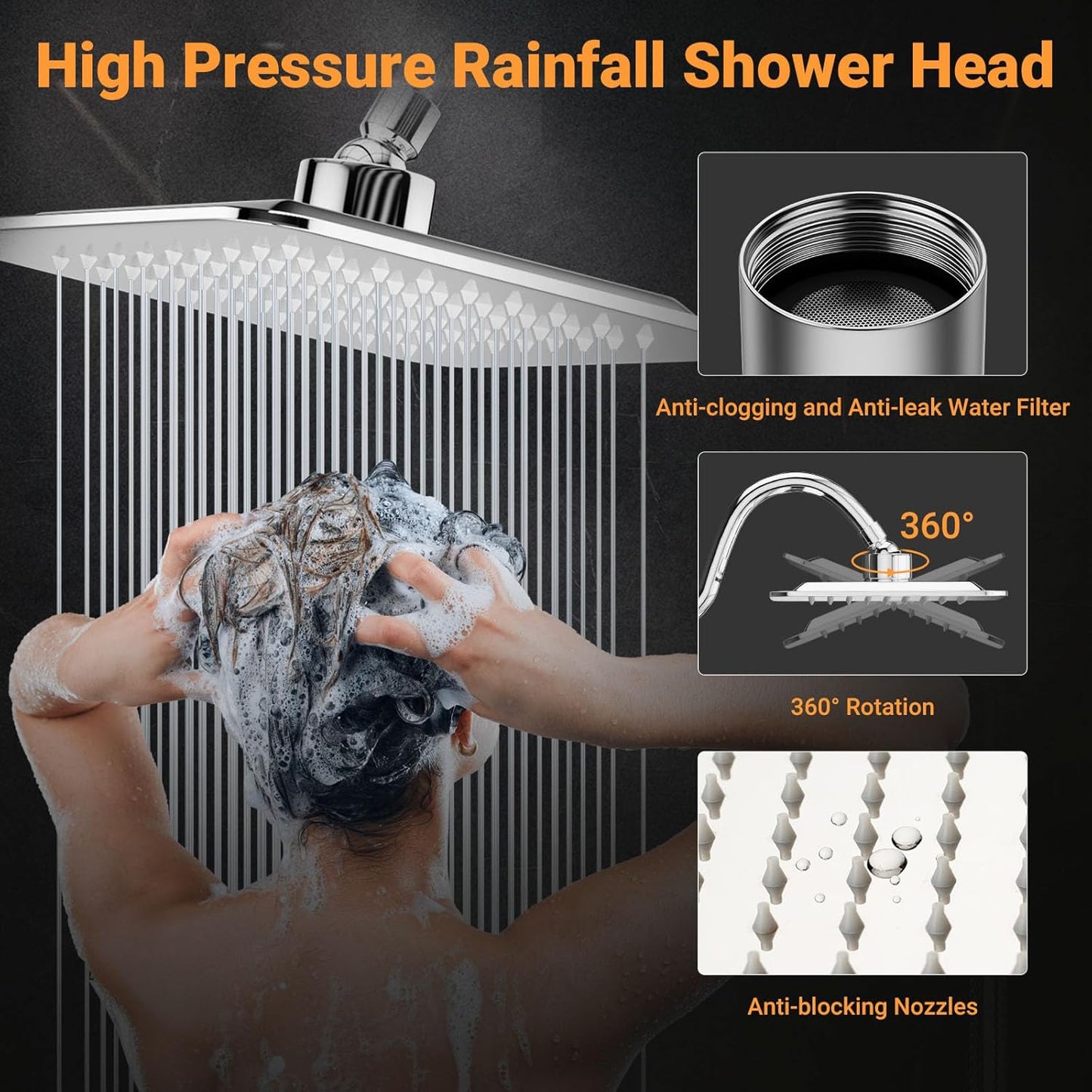 COSYLAND Rain Shower Head with Handheld - 304 Stainless Steel High Pressure 8 inch Square Rainfall Showerhead Combo with 5 Spray Mode 11 inch Extension Adjustable Arm & 60 inch Hose - Chrome