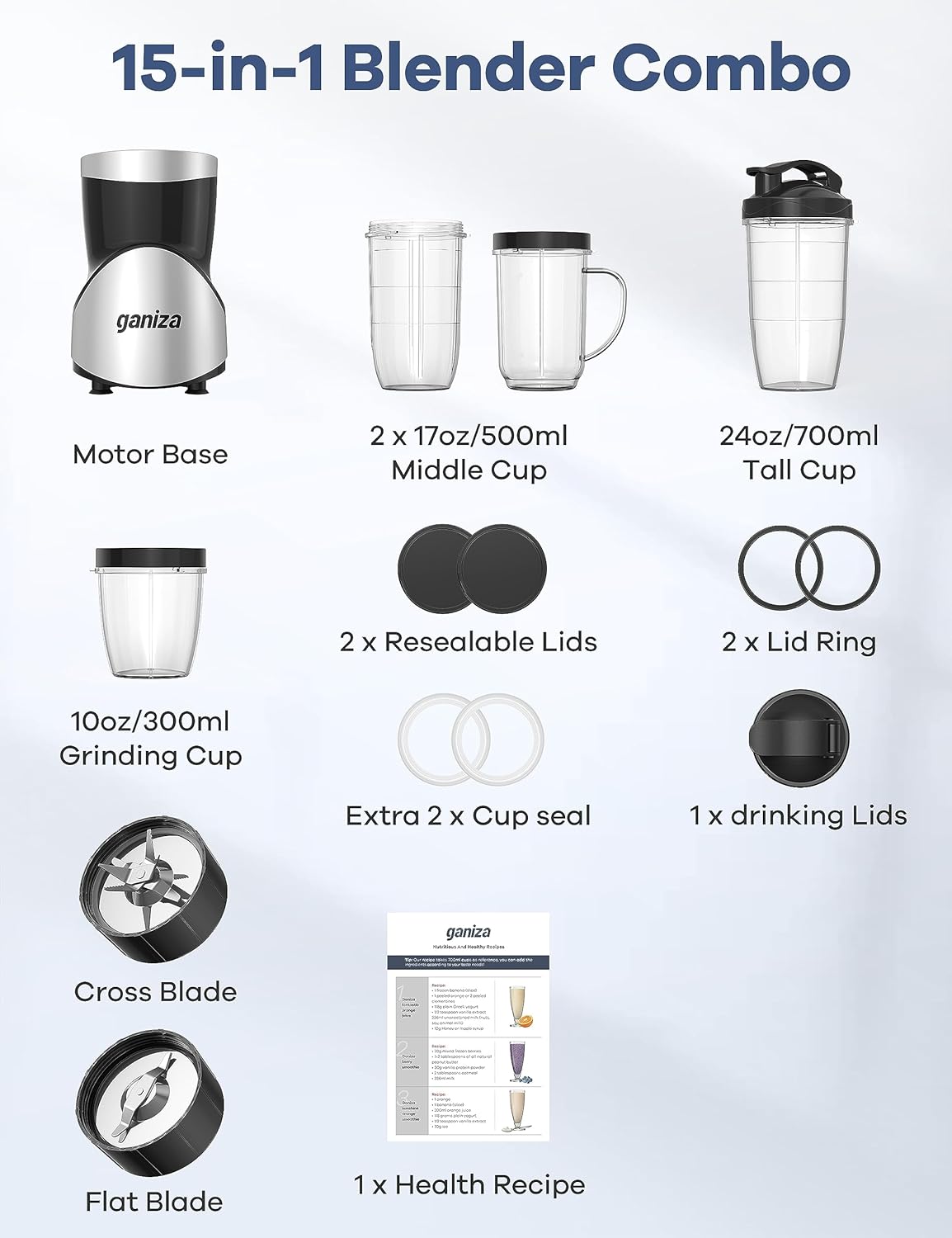 Smoothie Blender, Ganiza Blenders for Smoothies with 15-Piece Blender and Grinder Combo, 4 BPA-Free Personal Blender Cup, for Shakes, Protein Drinks, Fruit Vegetable Drink, Nuts, Spices, Coffee Beans