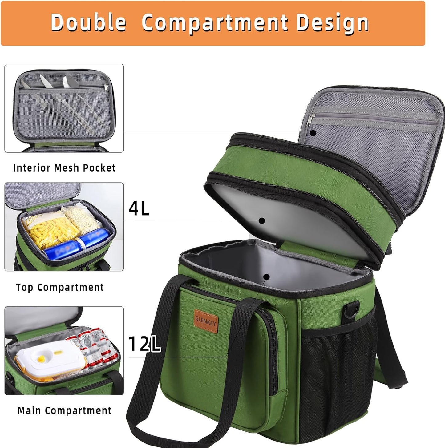 Expandable Large Lunch Bag, Double Deck Insulated Lunch Box Leakproof Durable Soft Cooler Bag for Men Women Adults Work Construction Beach Picnic Daytrip,16L,Black, GLENKEY