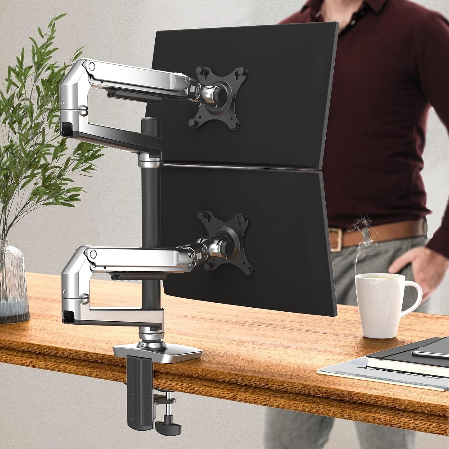 ErgoUnion Dual Monitor Stand for Desk, Vertical Dual Monitor Mount with Wide Range of Motion, Dual Monitor Arm for 17-40" Screen up to 25 lbs Each, Computer Monitor Stand for 2 Monitors - Black