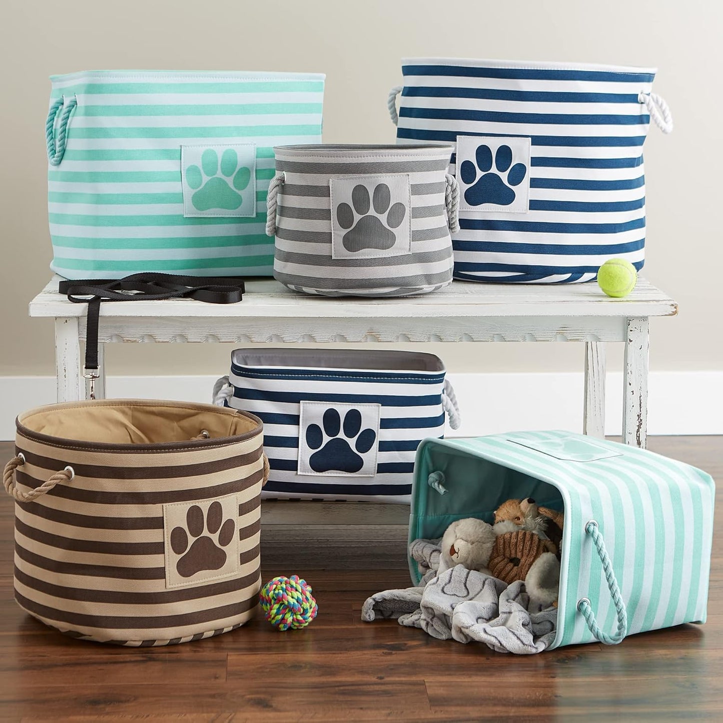 DII Bone Dry RoundSmall Pet Toy and Accessory Storage Bin, 12"(Dia) x9(H), Collapsible Organizer Storage Basket for Home Decor, Pet Toy, Blankets, Leashes and Food-Gray Stripes