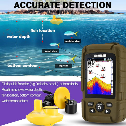 LUCKYLAKER Sensor Handheld Fish Finder Water LCD Boat Depth Finder Display Transducer Wireless Waterproof Fish Finders Transducer Fishing Gift - PuriLite