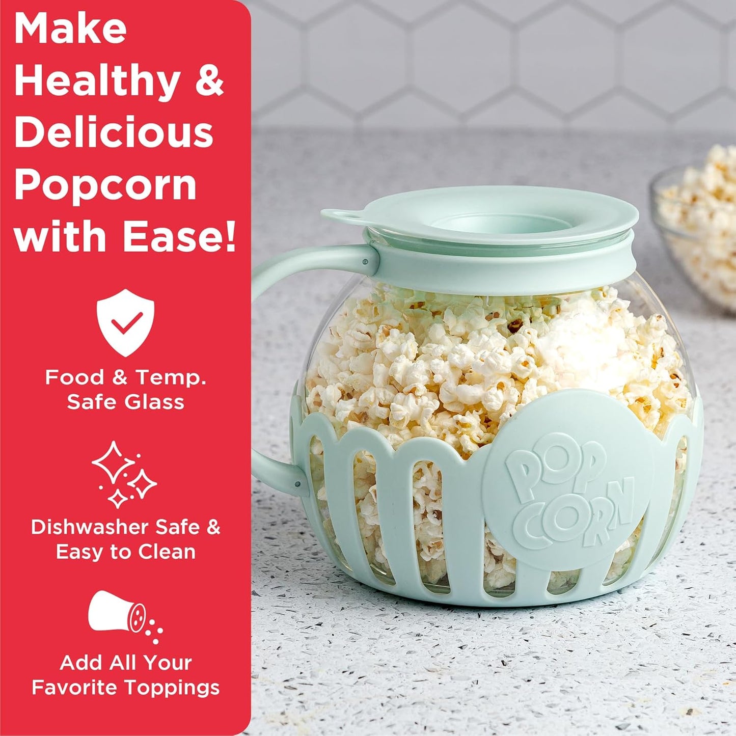 Ecolution Patented Micro-Pop Microwave Popcorn Popper with Temperature Safe Glass, 3-in-1 Lid Measures Kernels and Melts Butter, Made Without BPA, Dishwasher Safe, 3-Quart, Aqua - PuriLite