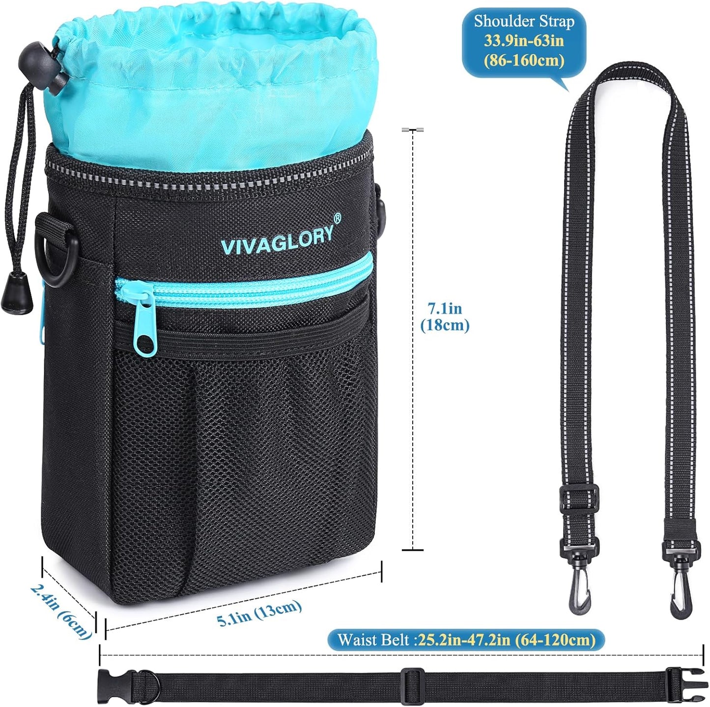 VIVAGLORY Dog Training Treat Pouch, 4Ways to Wear Dog Treat Bags, Built in Dog Waste Bag Dispenser Treats Training Bags with Reflective Adjustable Shoulder Strap, Black