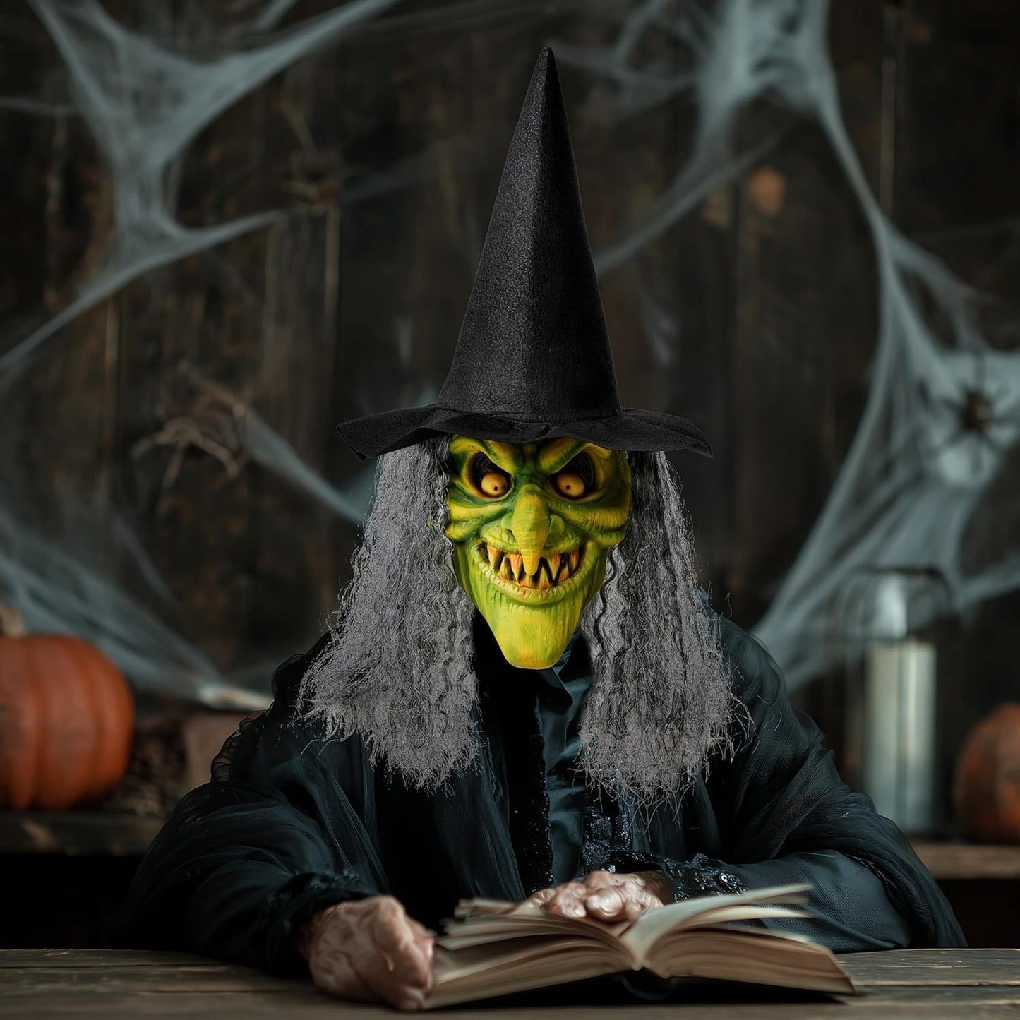 Spooktacular Creations Halloween Scary Witch Mask, Creepy Latex Monster Face Mask with Black Hat Hair for Adult Halloween Horror Evil Cosplay Costume Accessories, Realistic Party Dress Up Prop