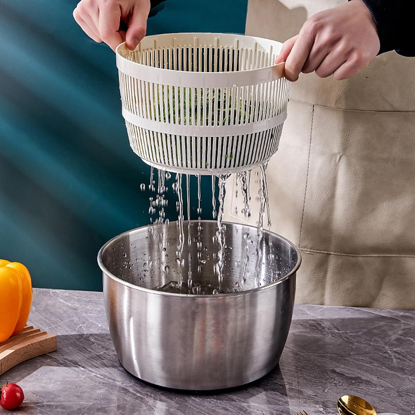 Stainless Steel Salad Spinner, Quick and Easy Vegetable Washer Lettuce Spinner with Transparent Lid and Drain Bowl Colander